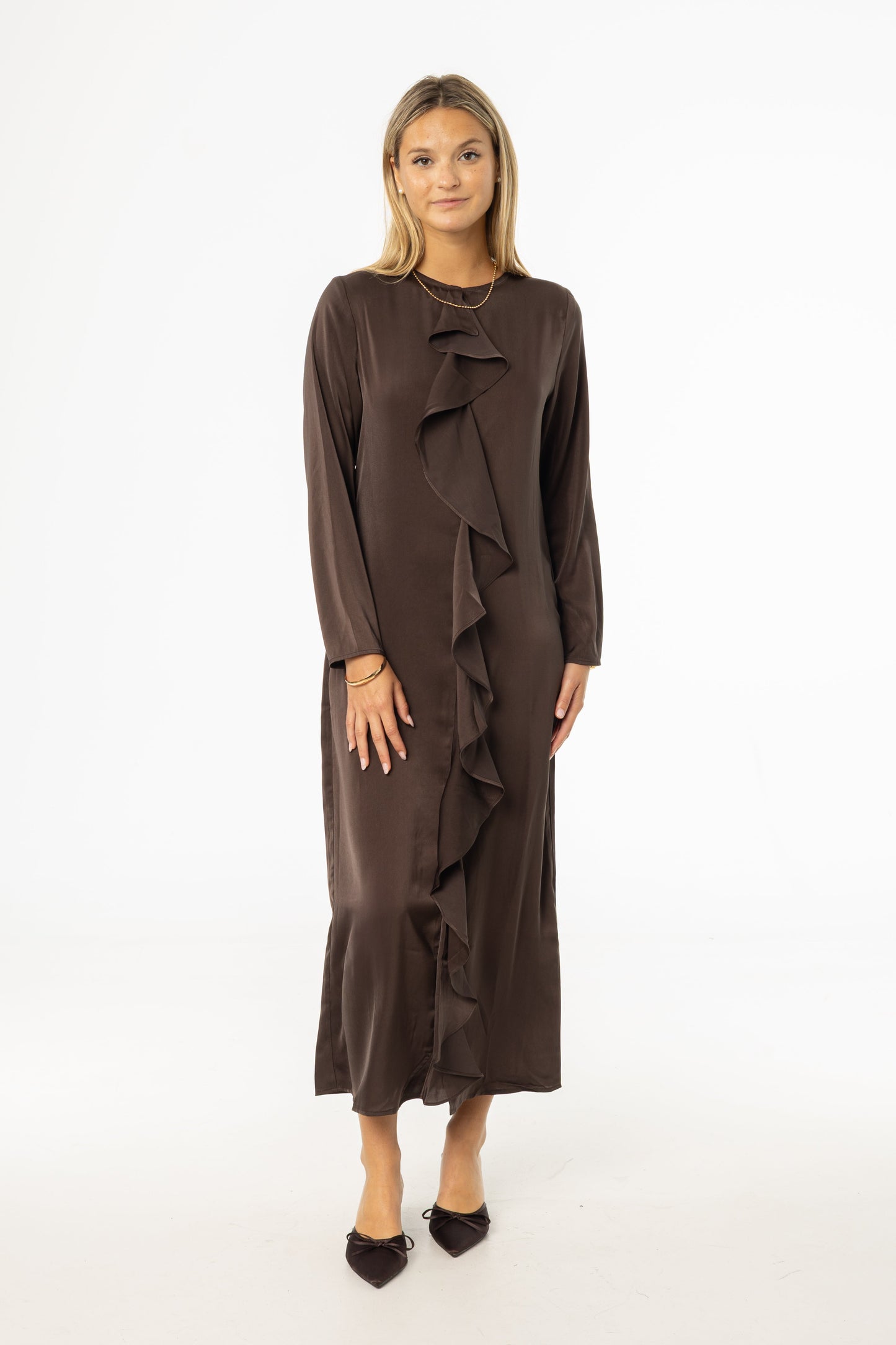 Brown Front Ruffle Silk Maxi