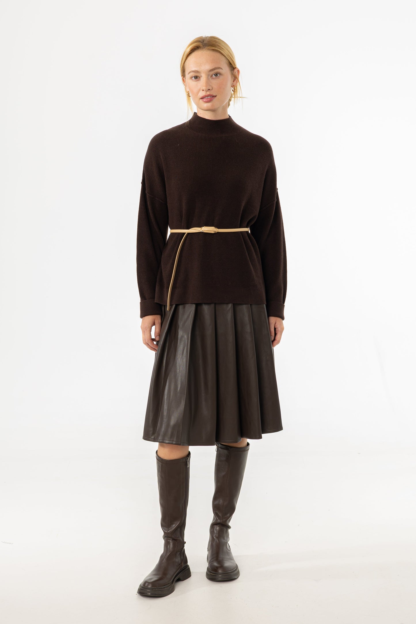 Brown Pleated Vegan Leather Skirt