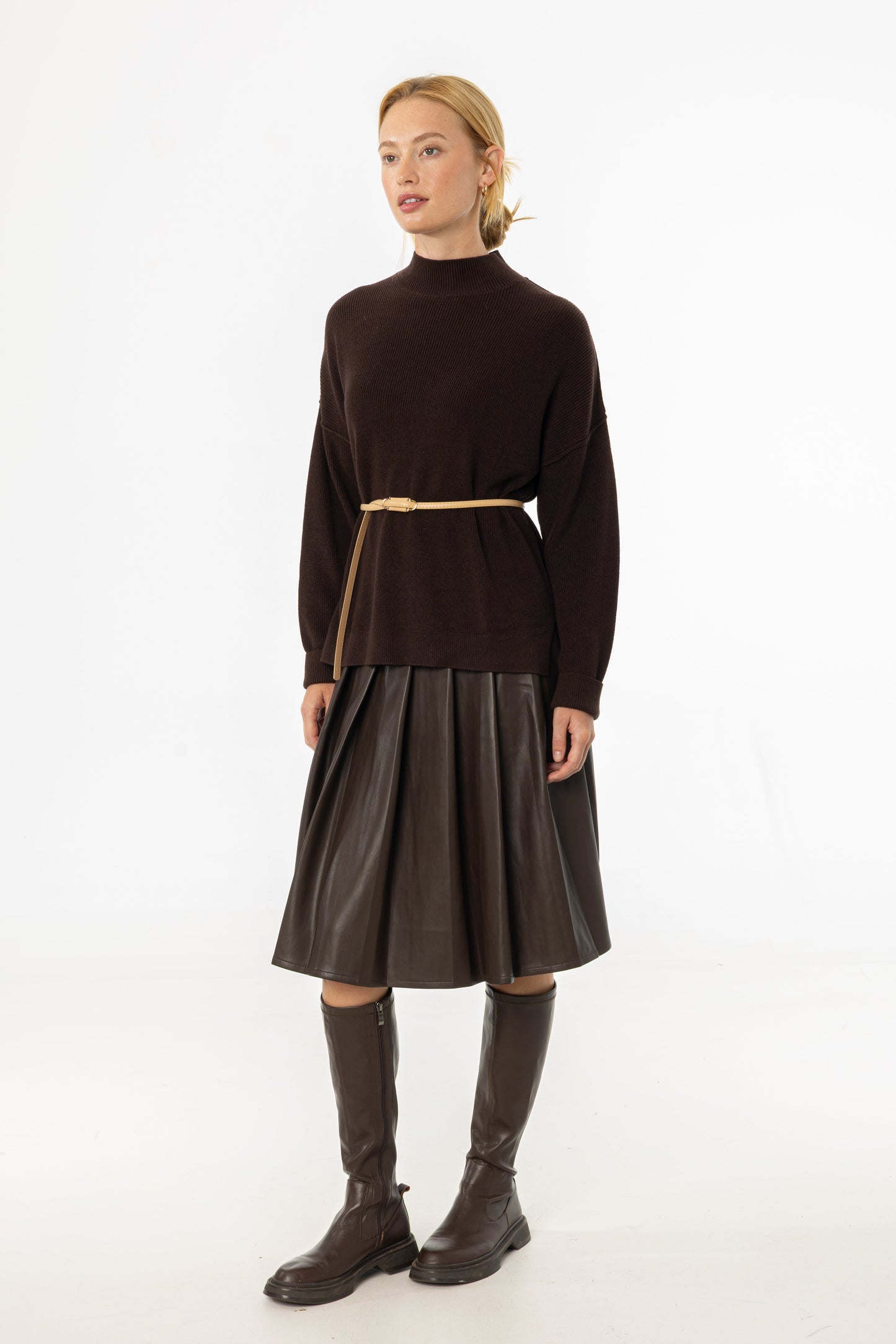 Brown Pleated Vegan Leather Skirt