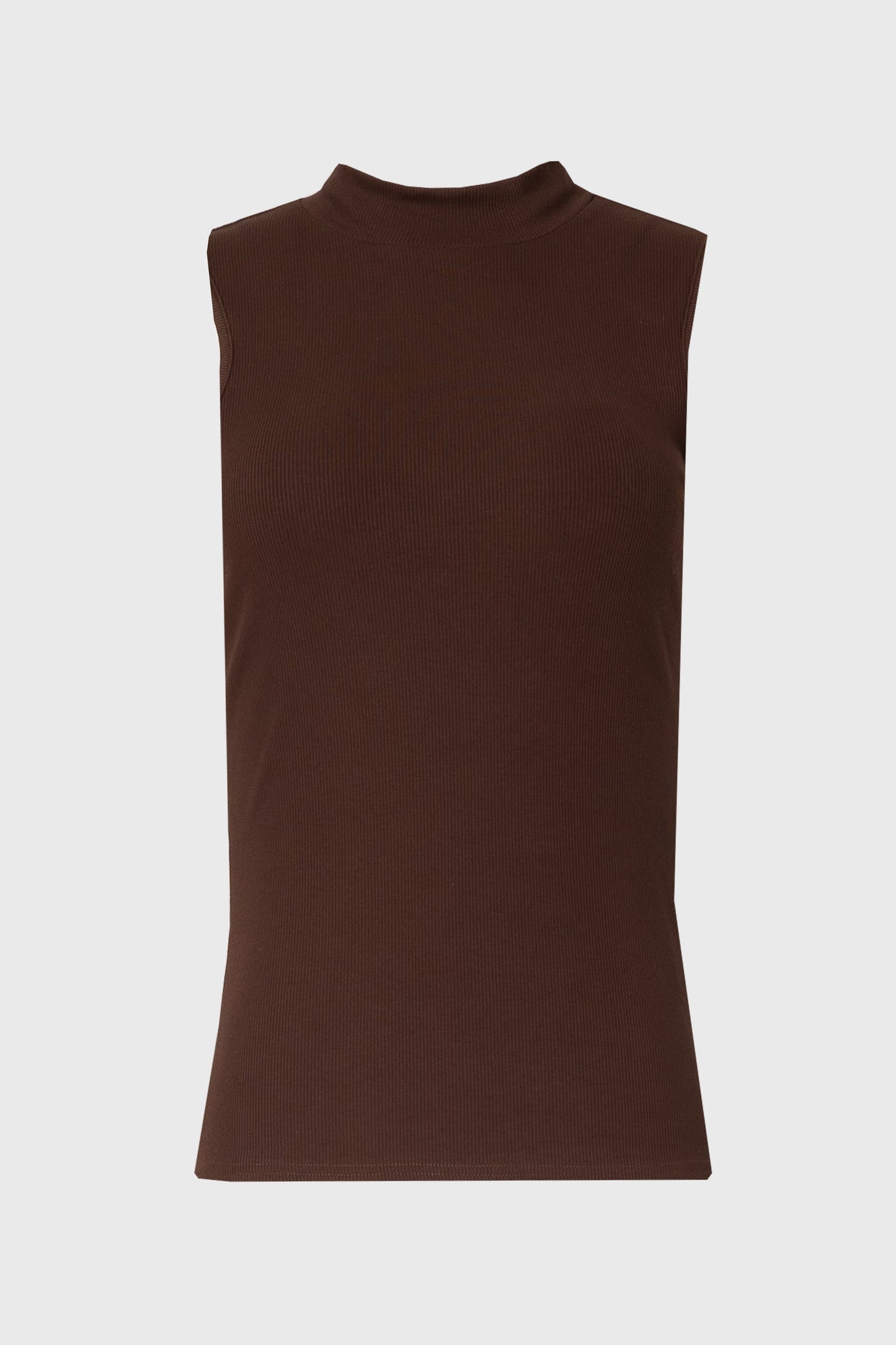 Brown Ribbed Sleeveless Mock Neck Top