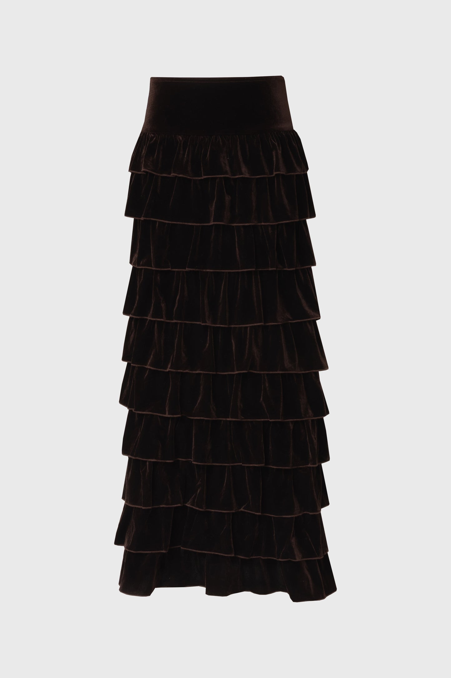 Brown Ruffle Velour Maxi Skirt