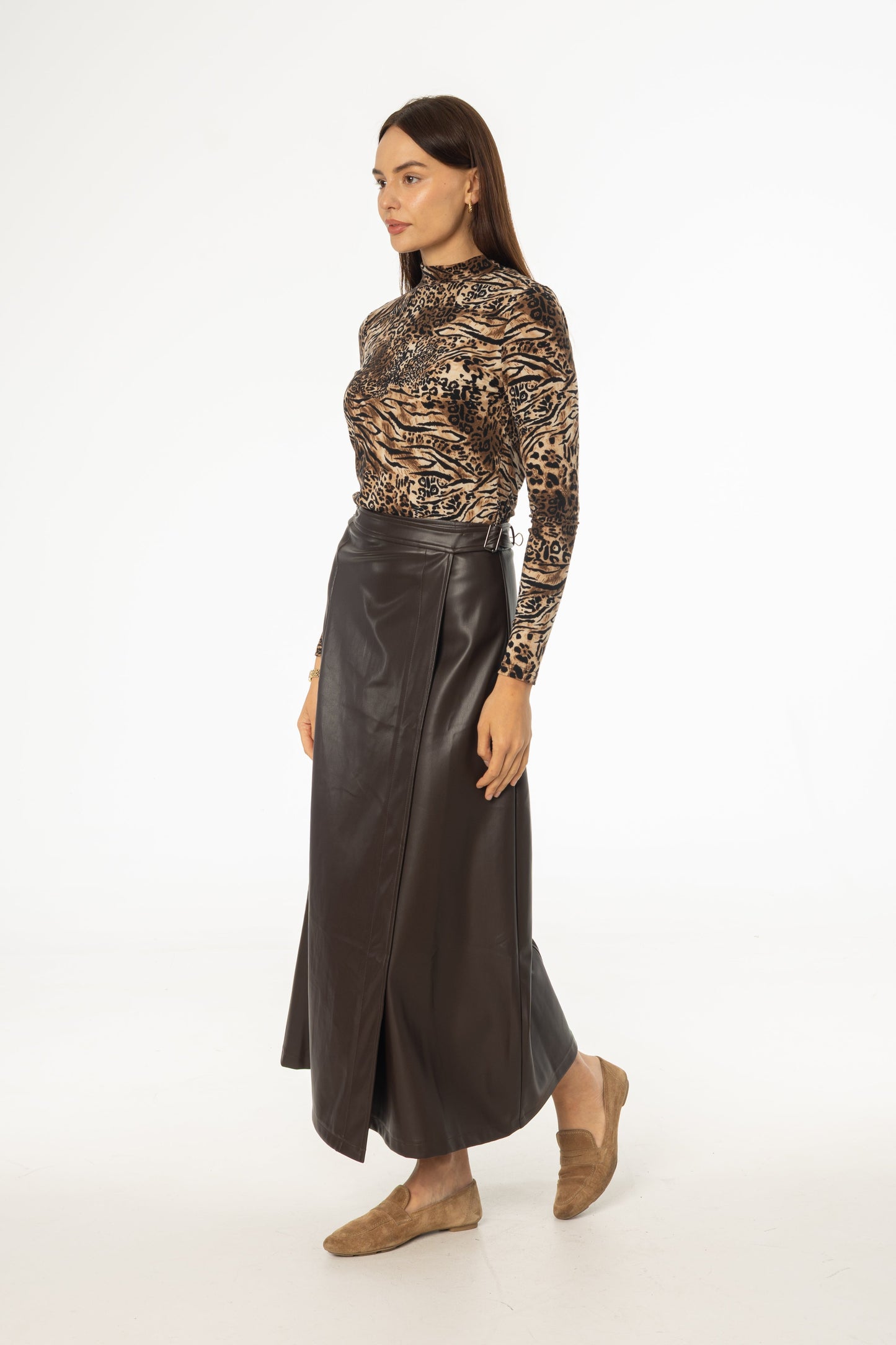 Brown Wrap Vegan Leather Maxi Skirt