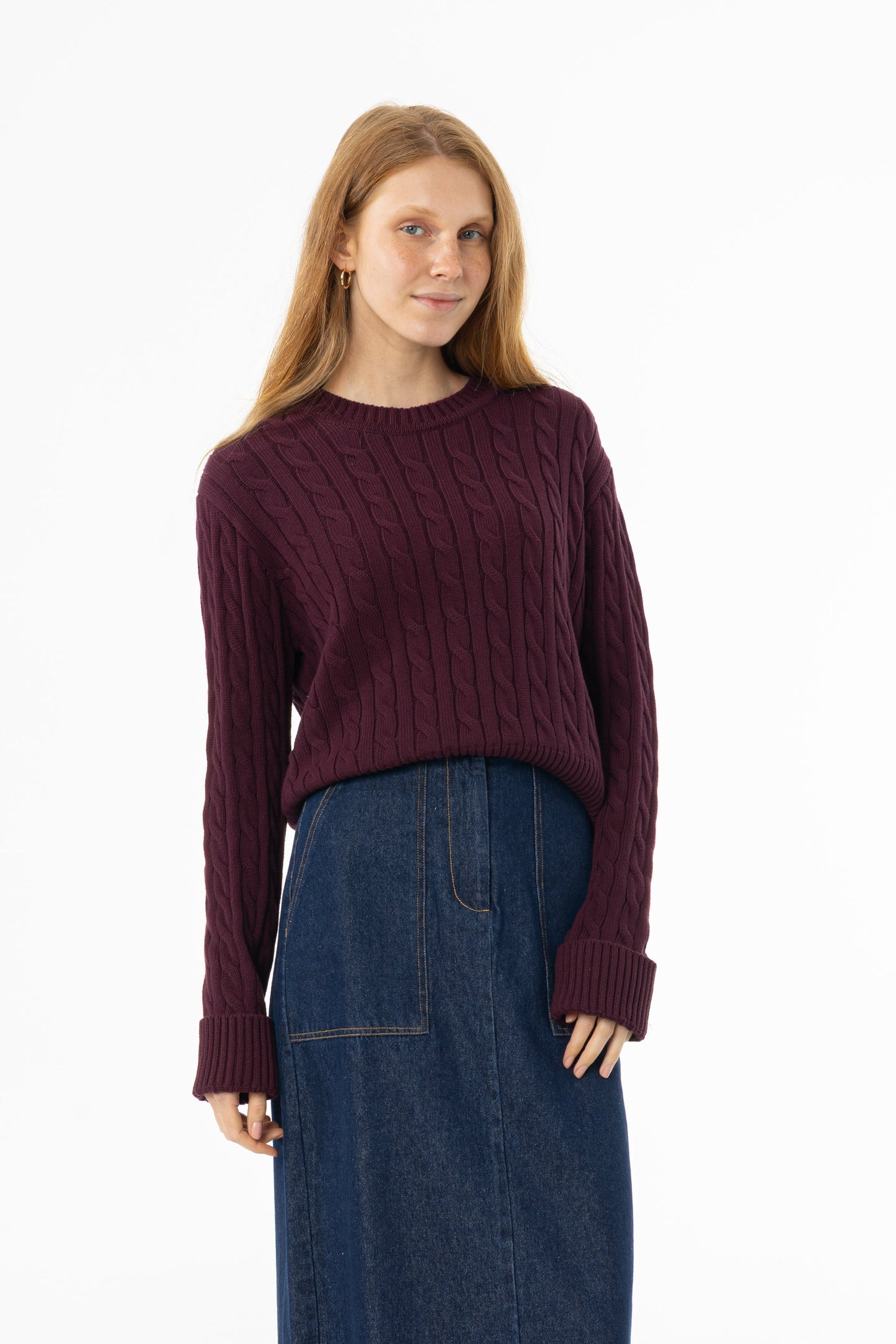 Burgundy Round Neck Cable Knit Sweater