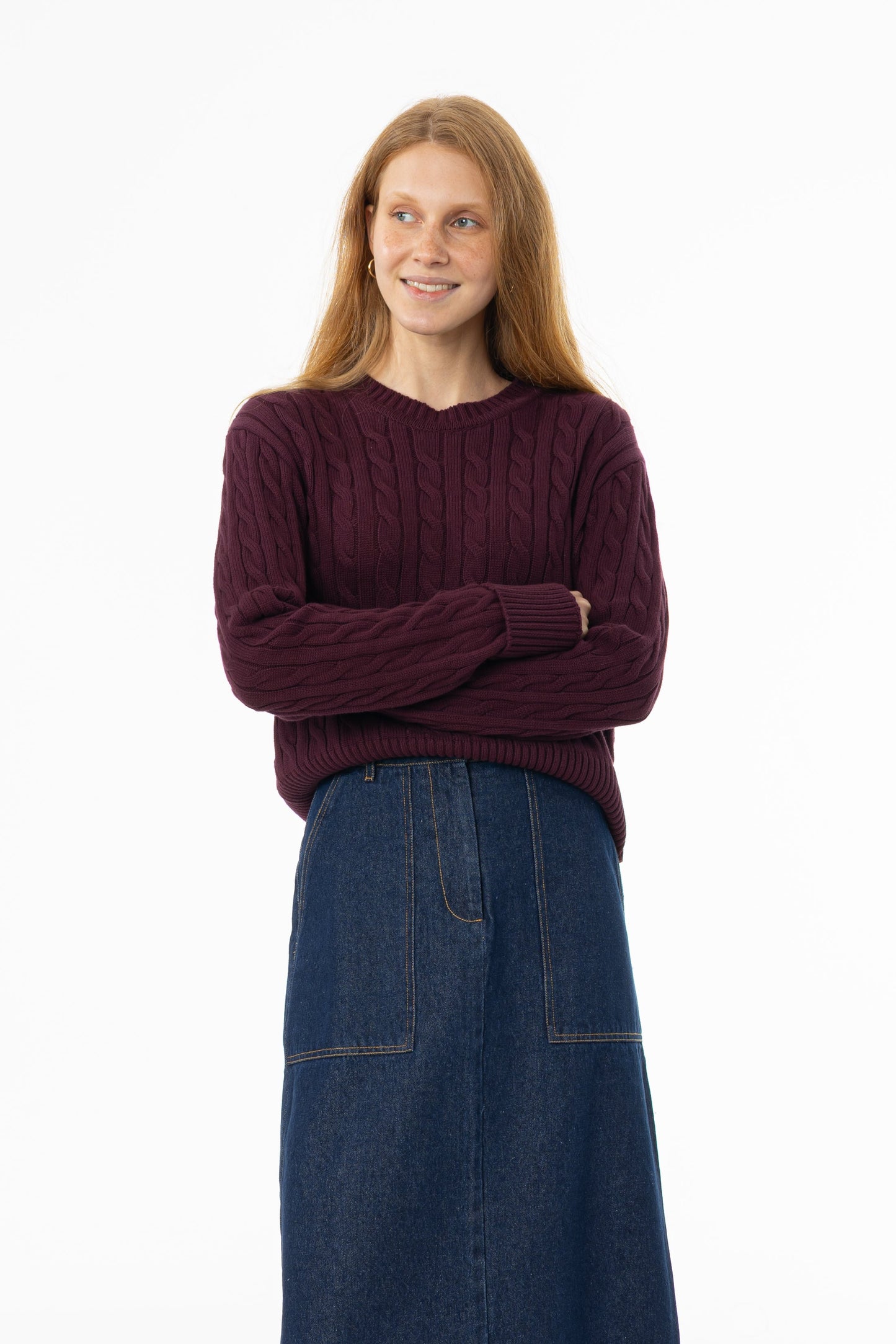 Burgundy Round Neck Cable Knit Sweater