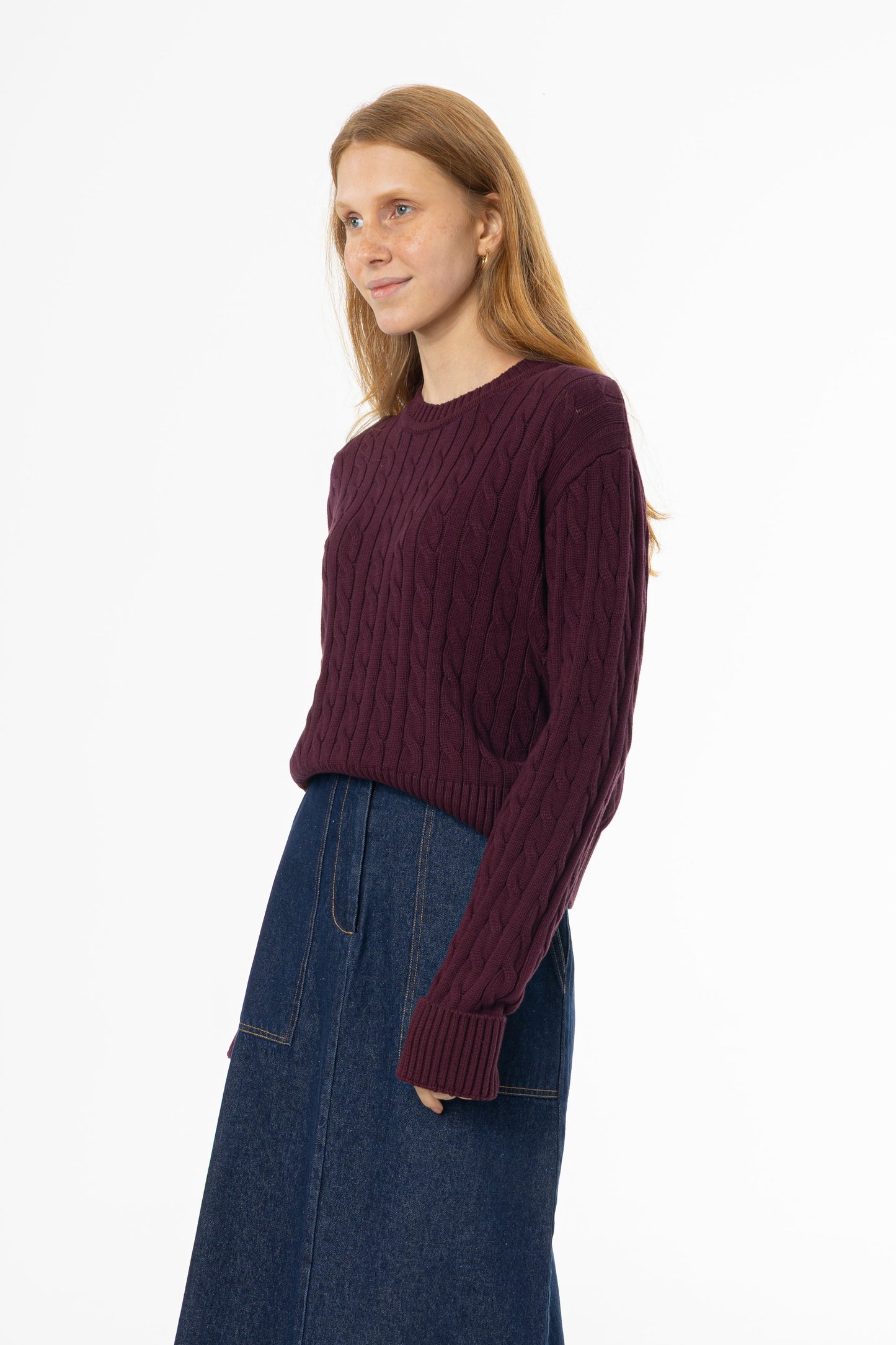 Burgundy Round Neck Cable Knit Sweater