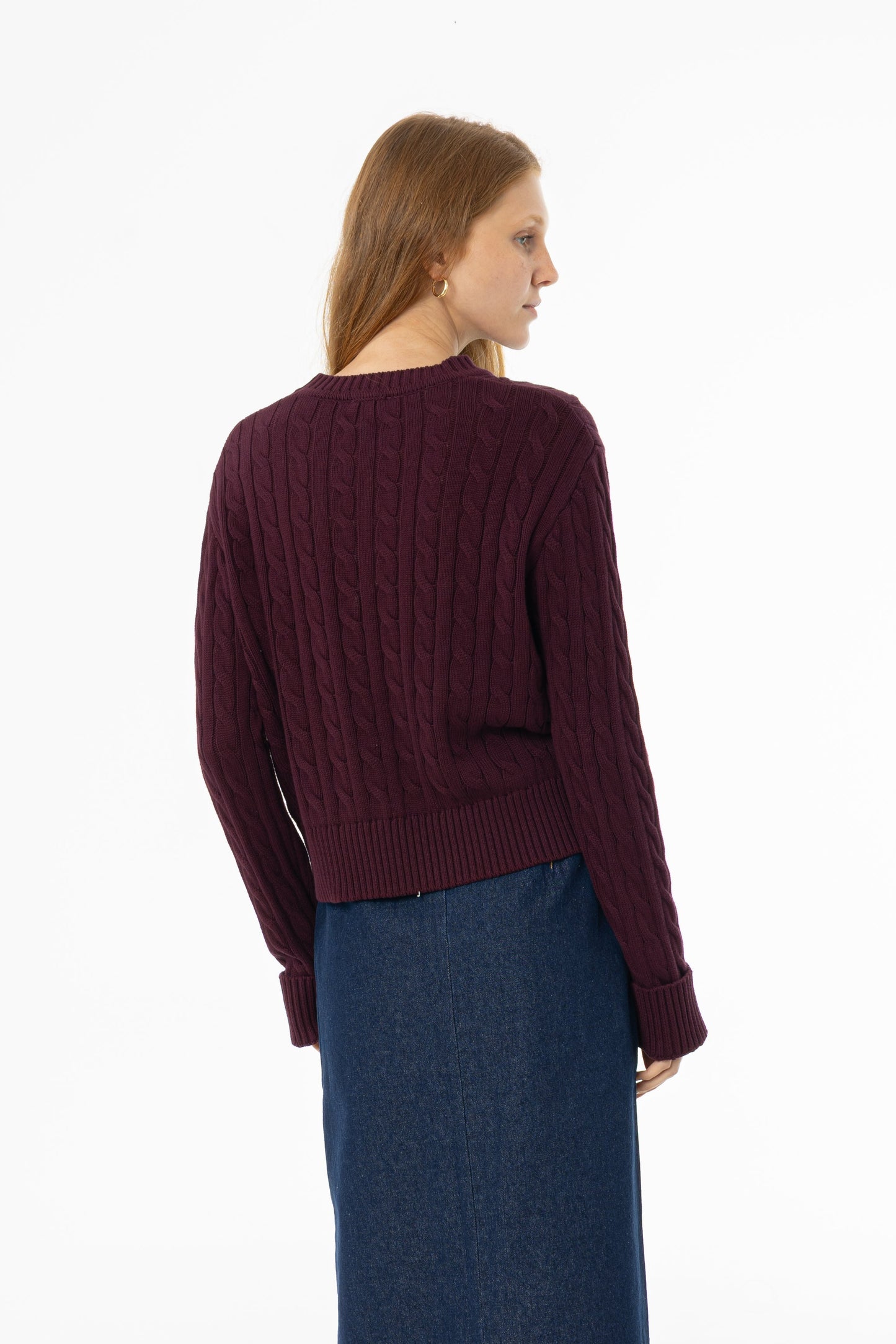 Burgundy Round Neck Cable Knit Sweater