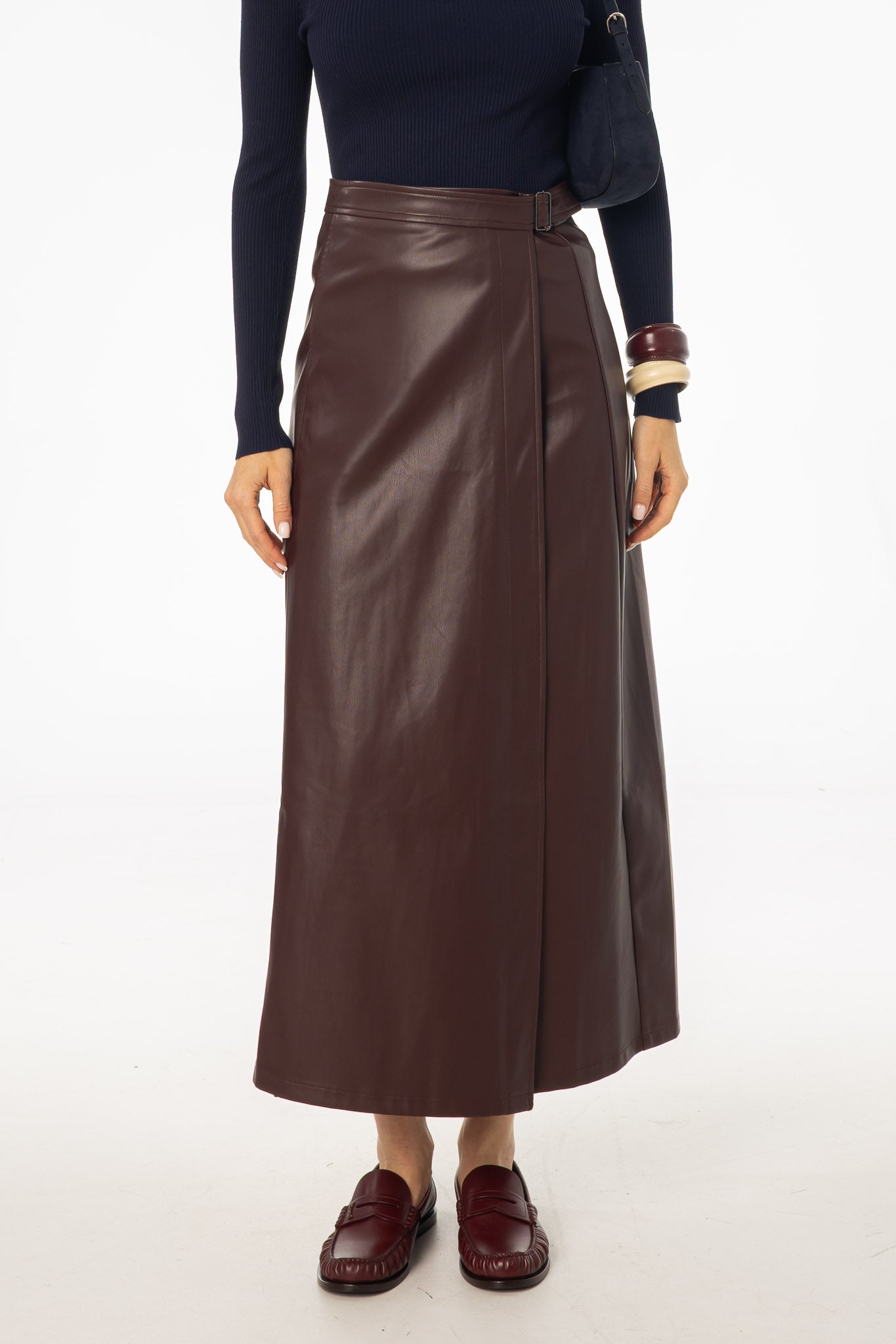 Burgundy Wrap Vegan Leather Maxi Skirt