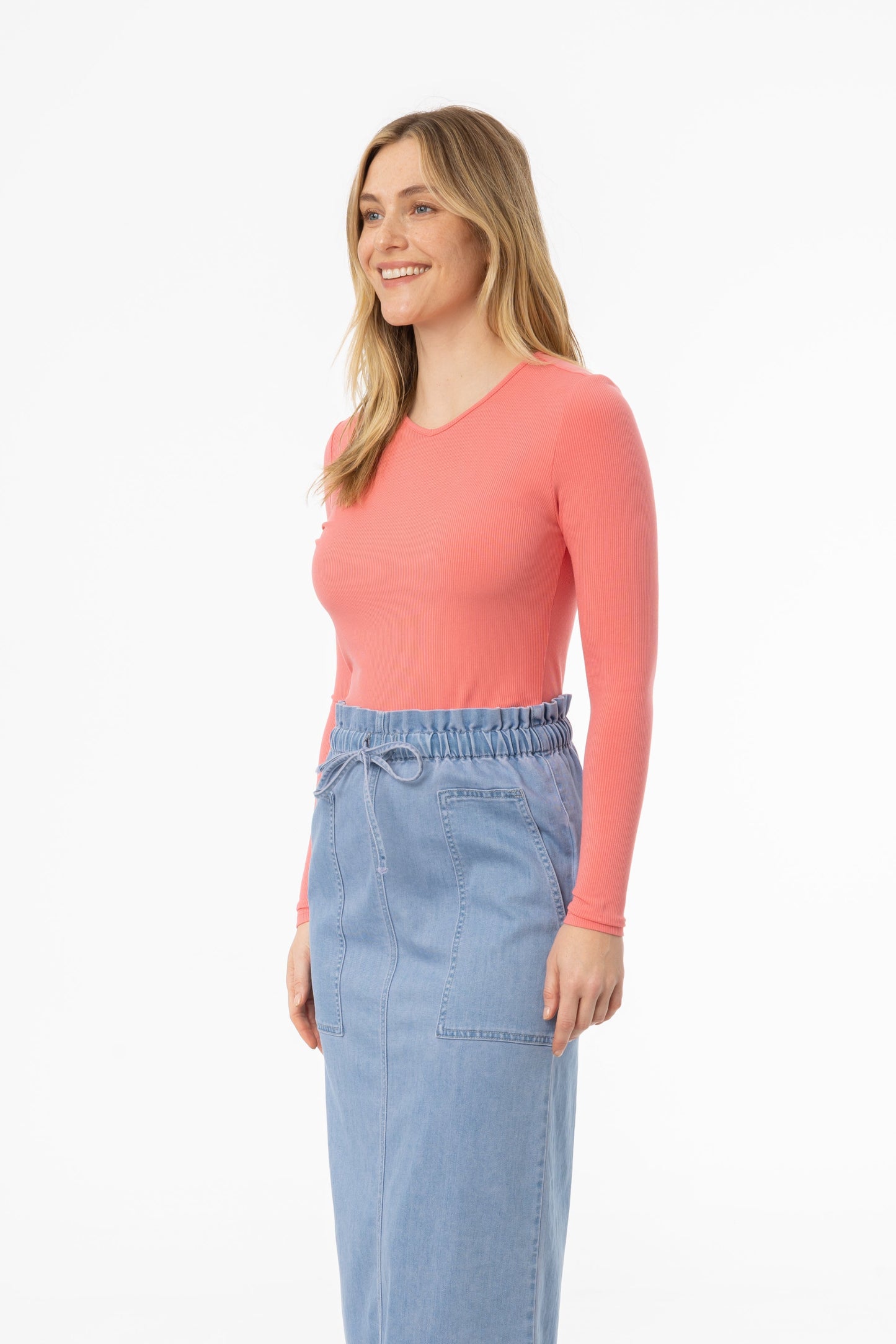 Coral Ribbed V Neck Long Sleeve T-Shirt