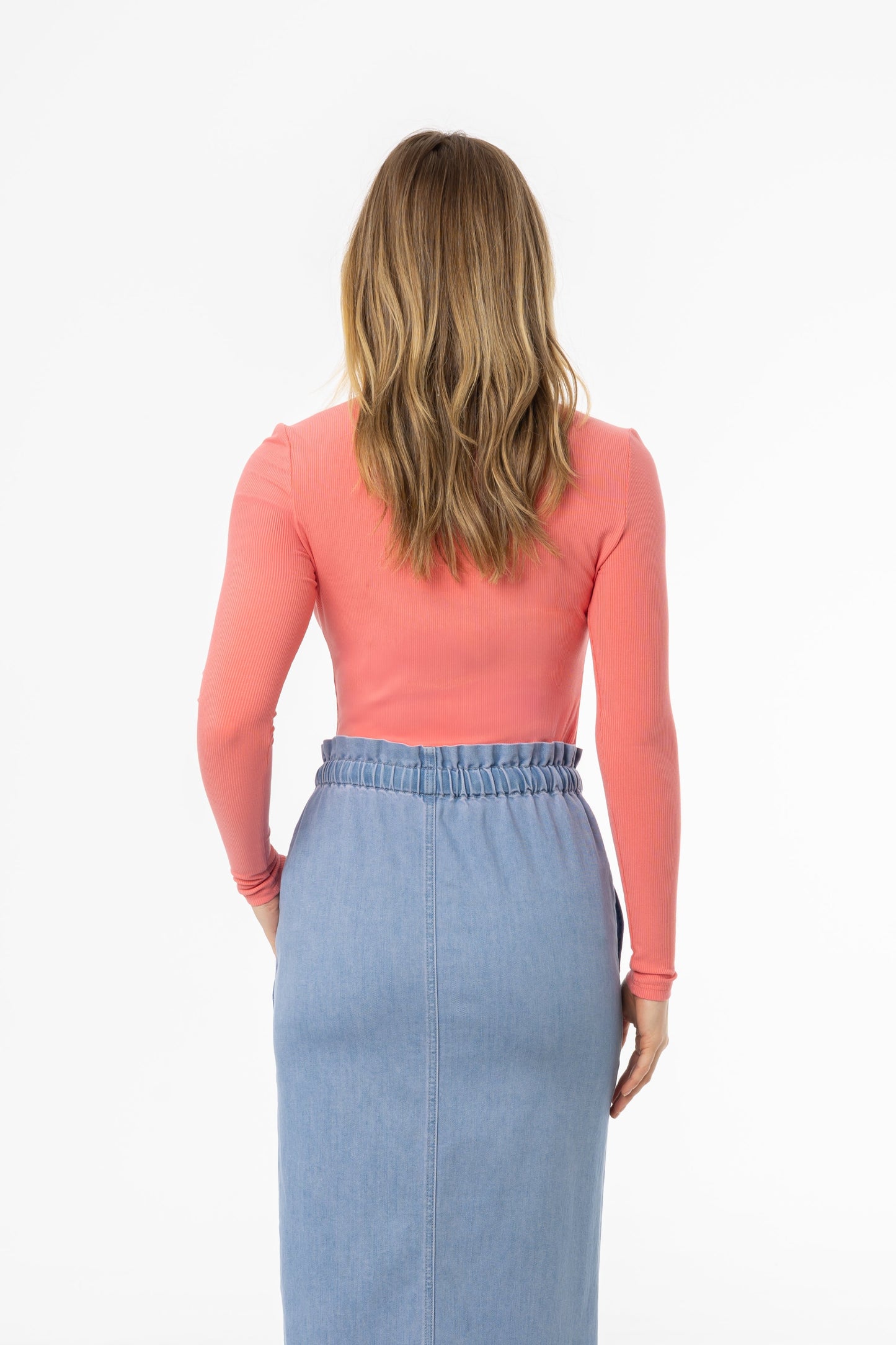 Coral Ribbed V Neck Long Sleeve T-Shirt