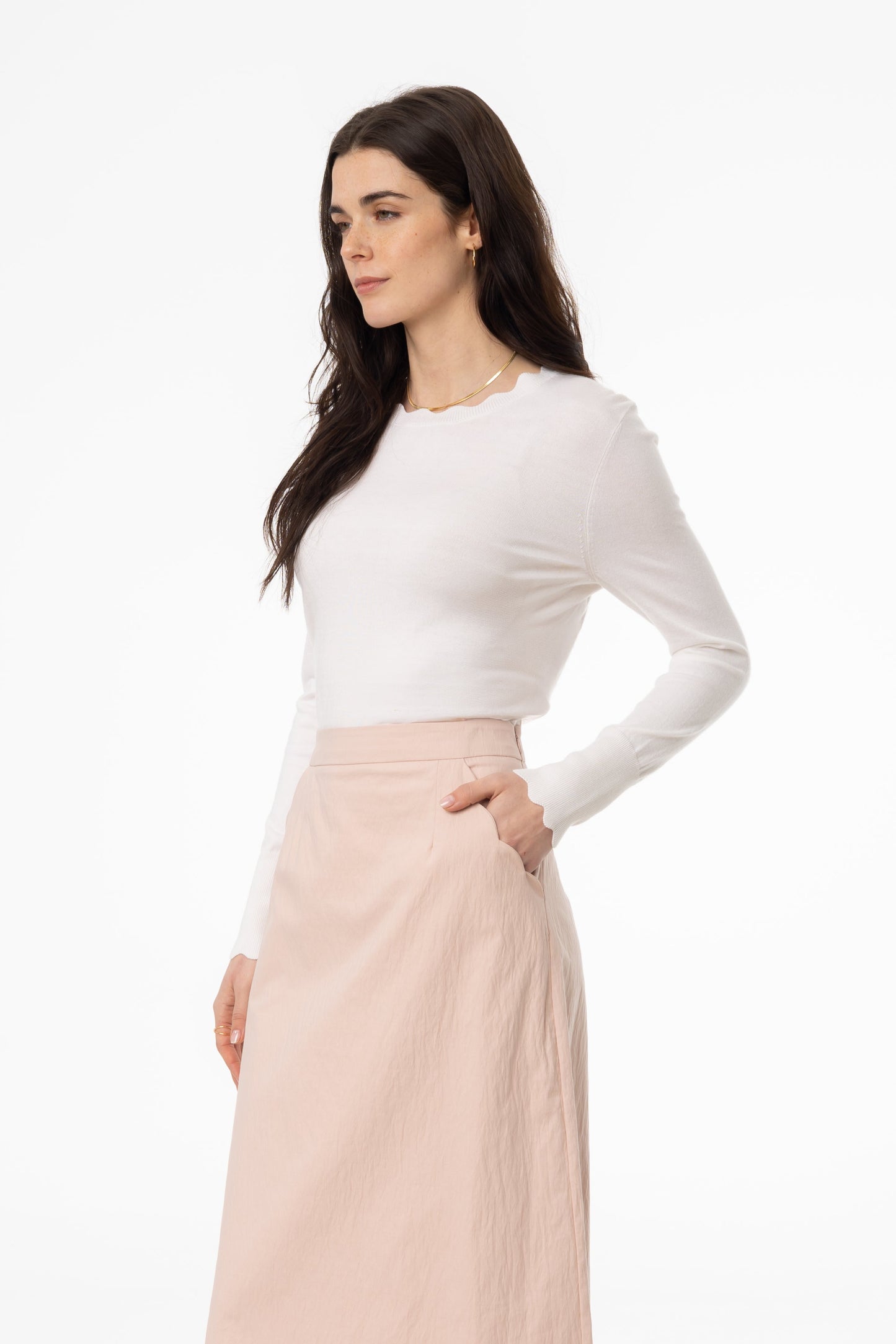Cream Scalloped Thin Knit Top