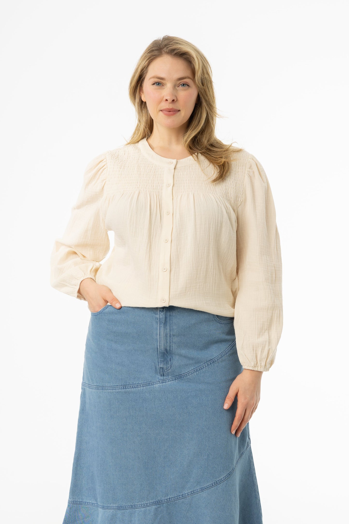 Cream Smocked Gauze Blouse