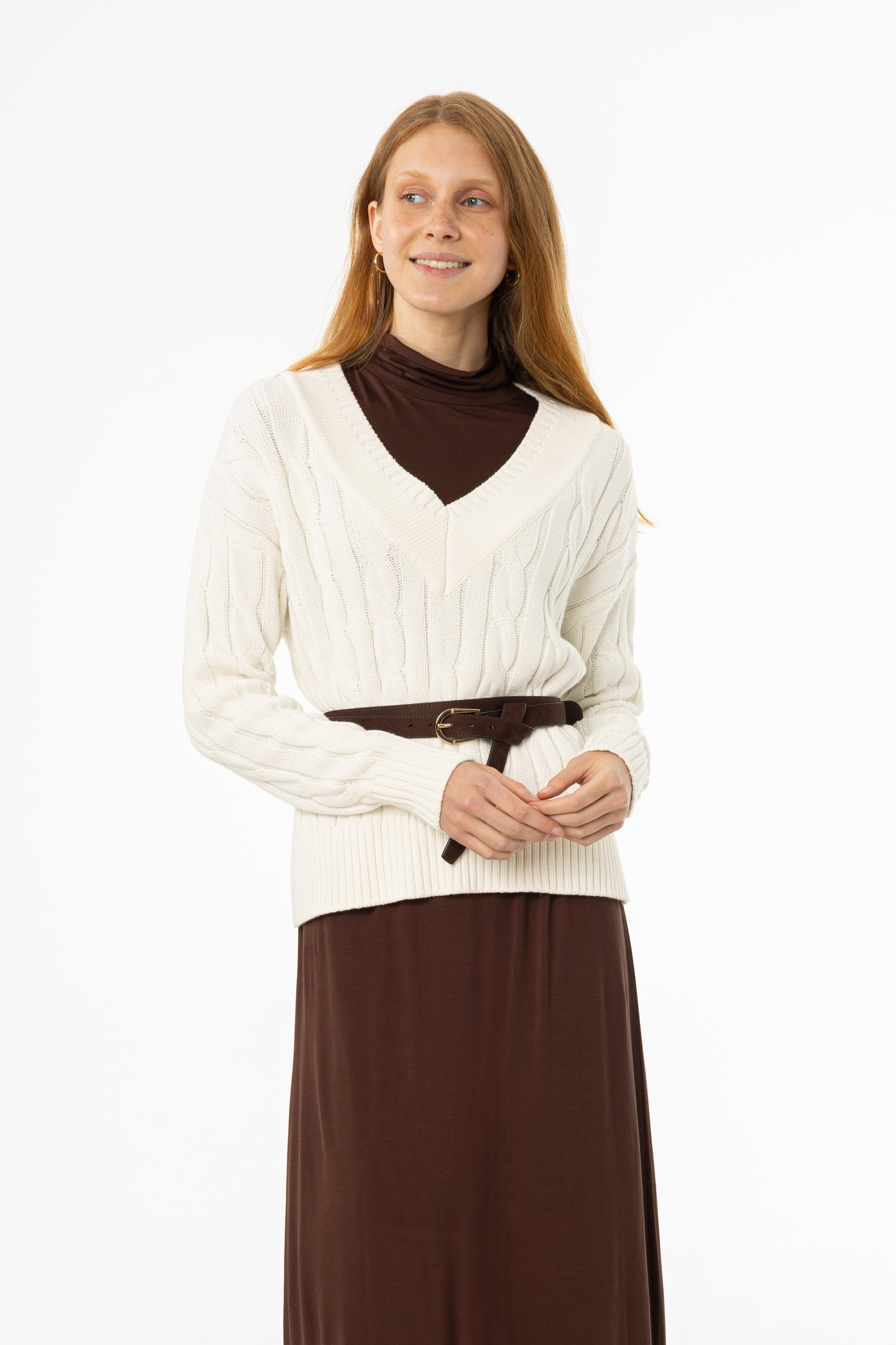 Cream V-Neck Cable Knit Sweater