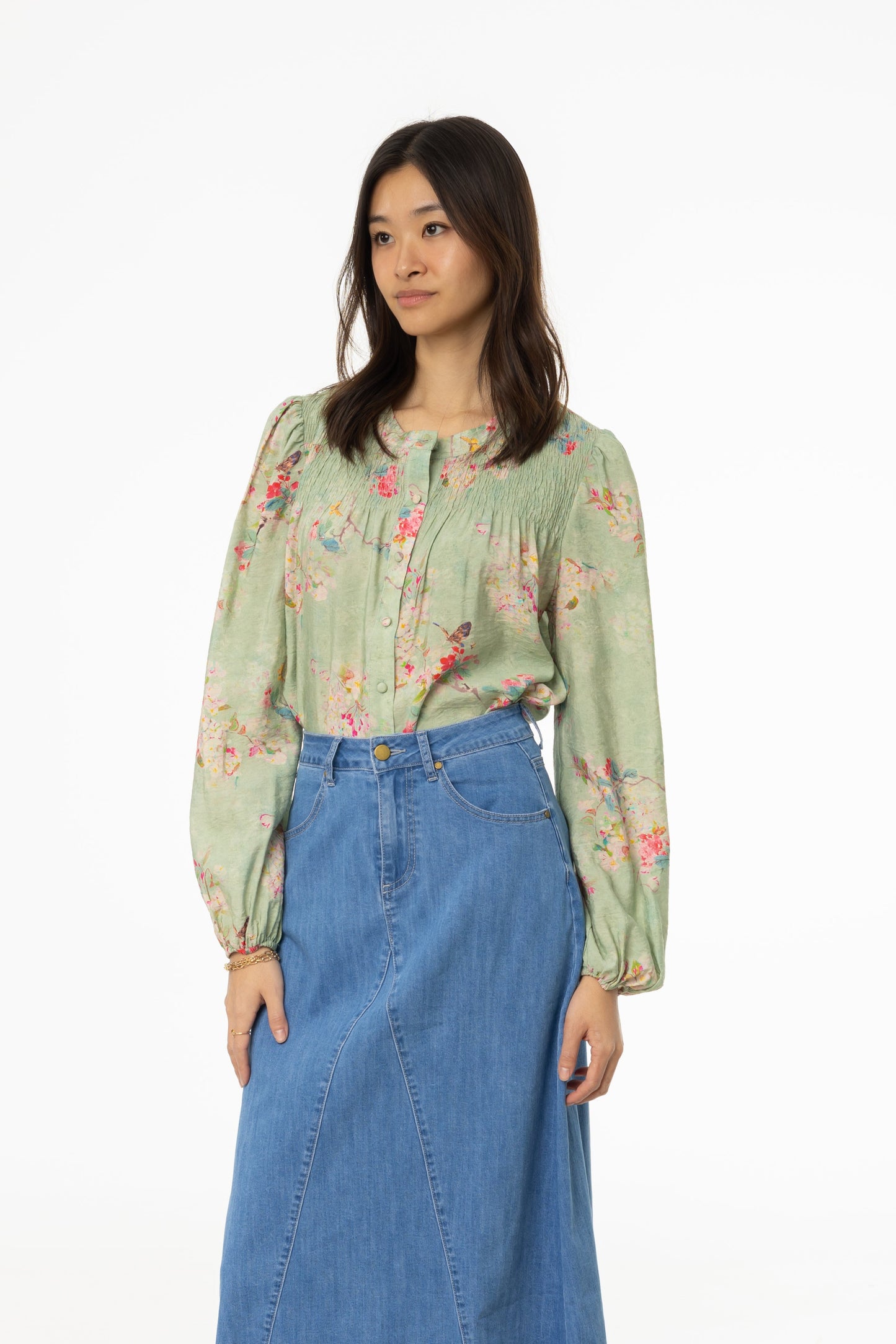 Green Floral Smocked Printed Blouse