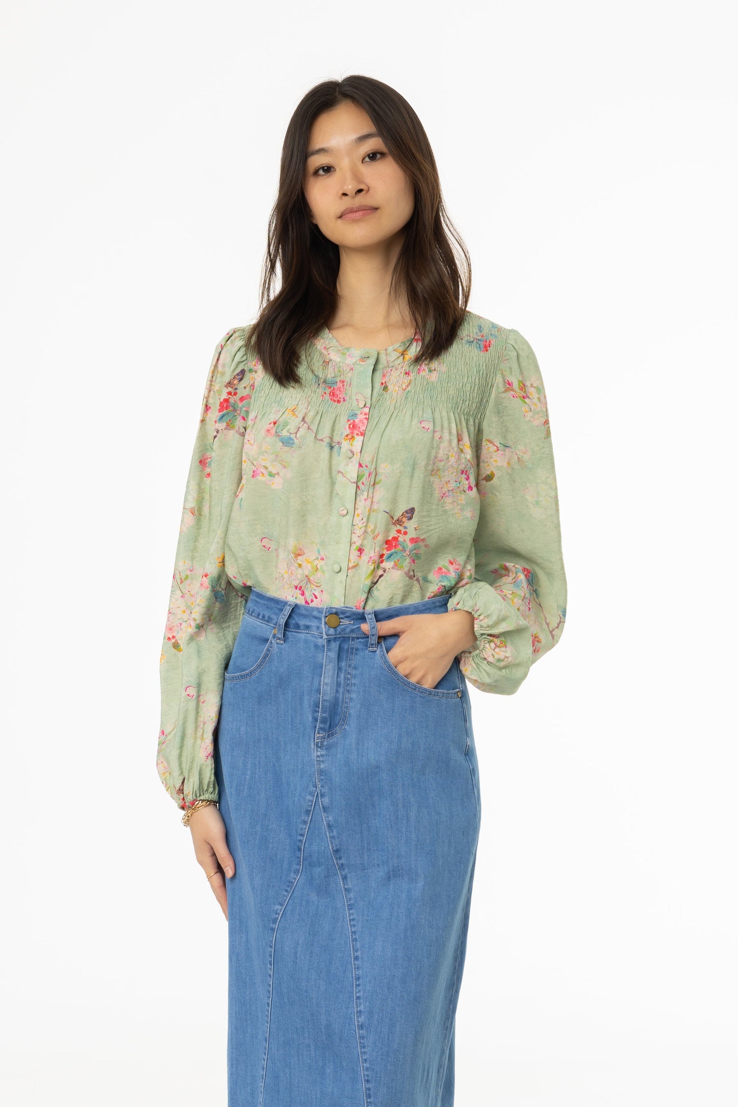 Green Floral Smocked Printed Blouse