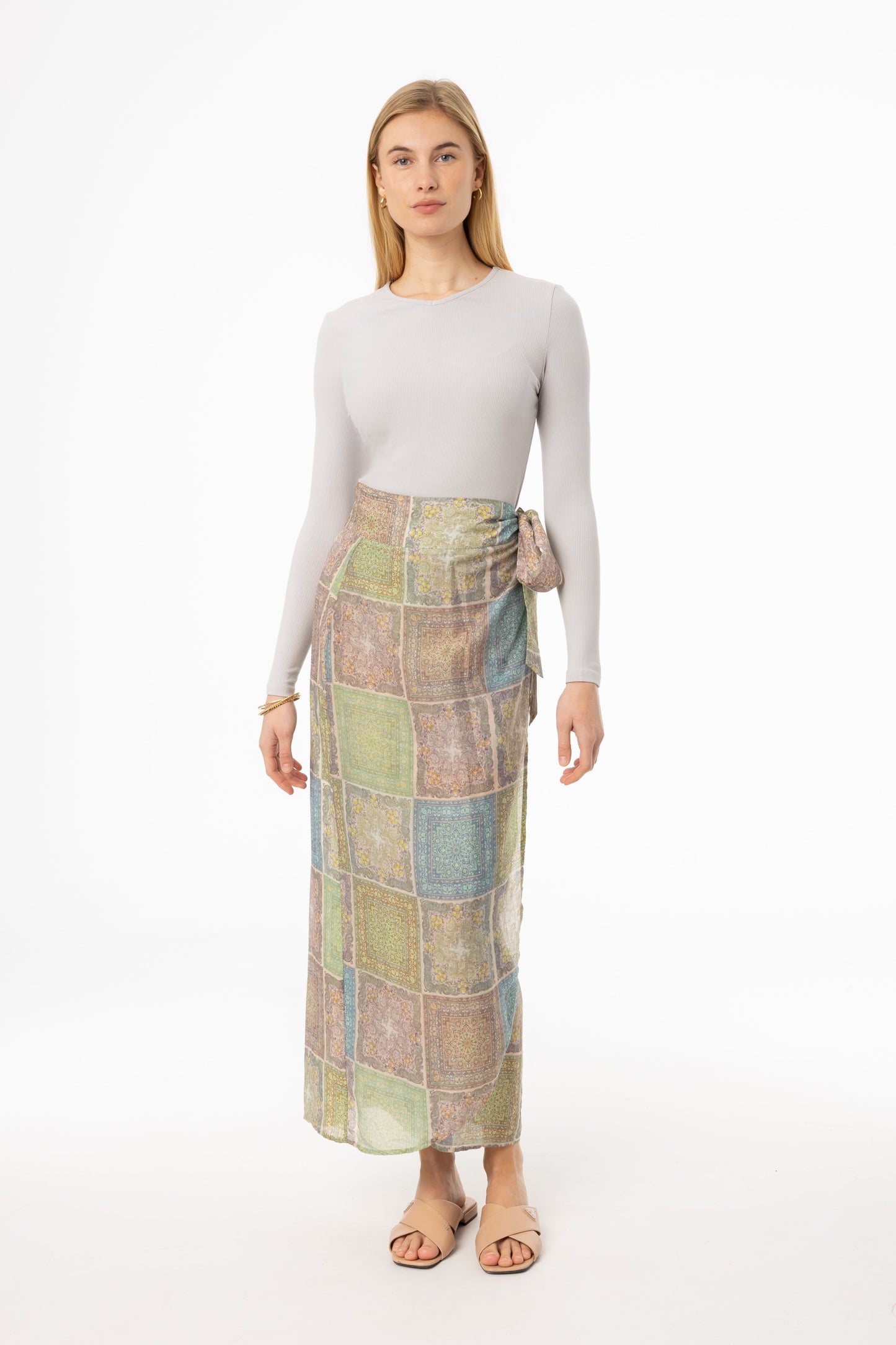 Green Paisley Printed Wrap Skirt