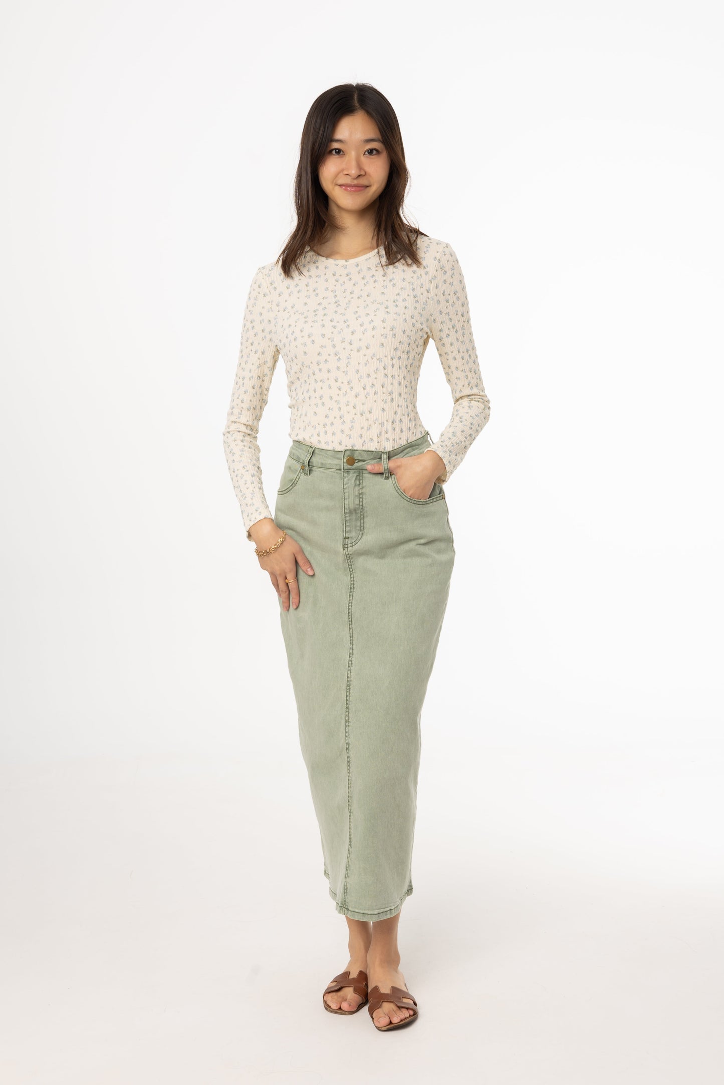 Green Wash Denim Maxi Skirt