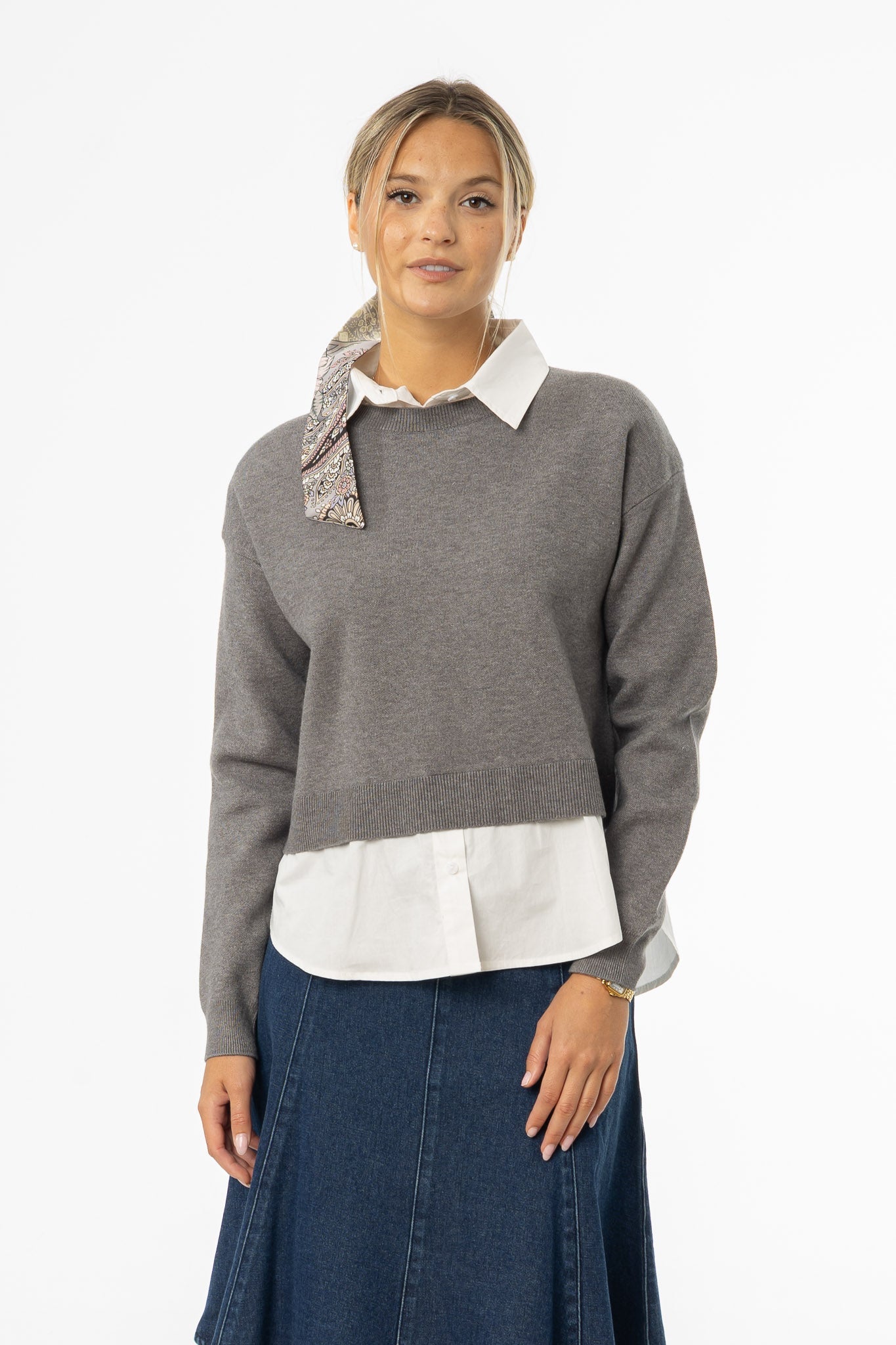 Grey Combo Blouse Sweater