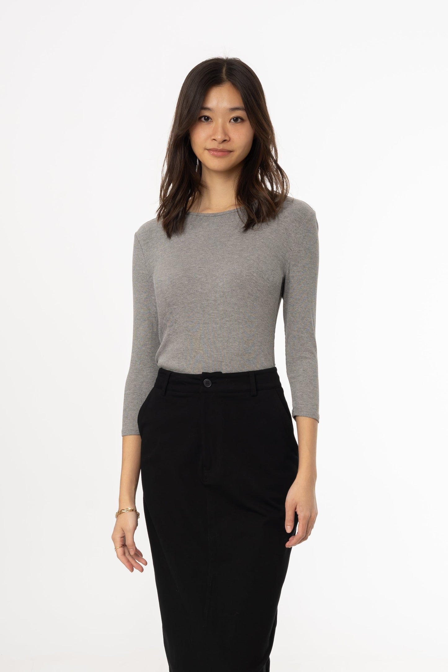 Grey Ribbed Round Neck 3/4 Sleeve T-Shirt