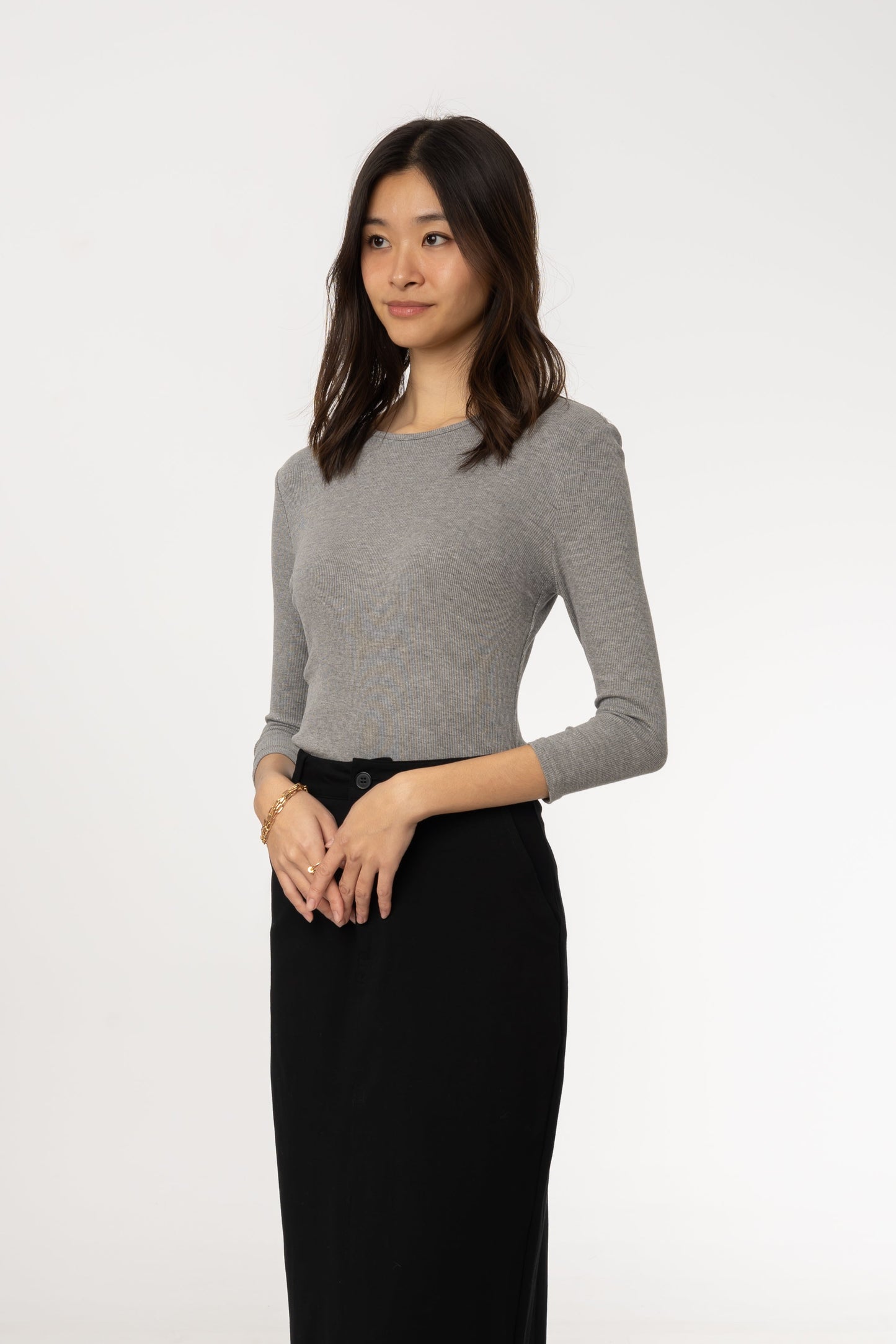 Grey Ribbed Round Neck 3/4 Sleeve T-Shirt