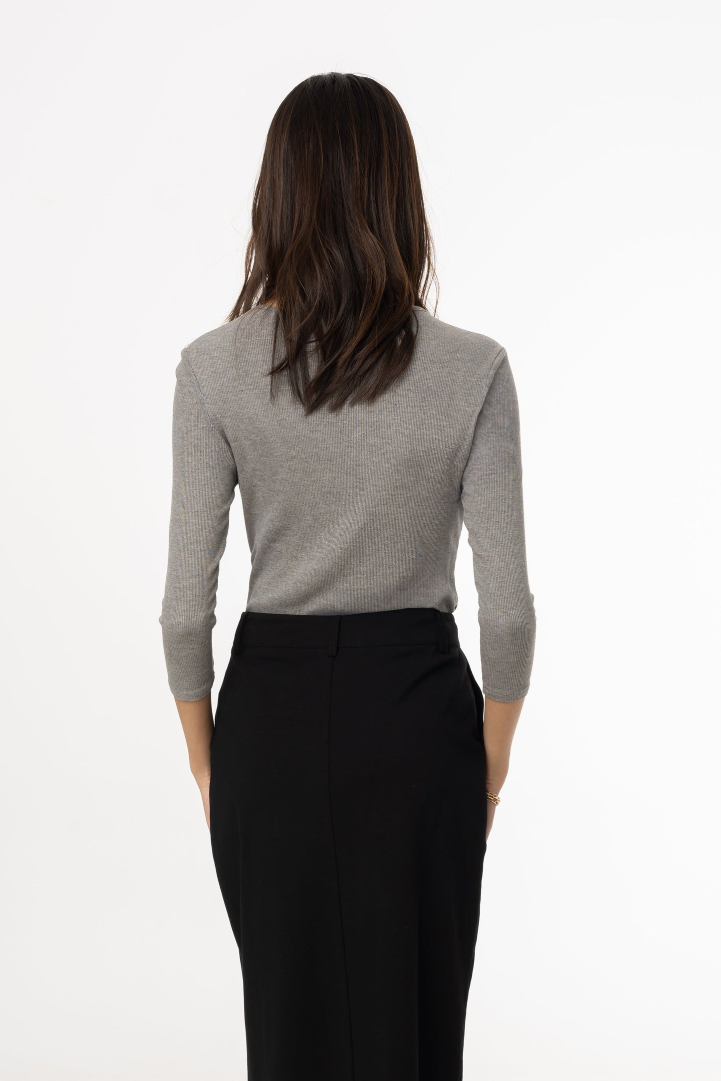 Grey Ribbed Round Neck 3/4 Sleeve T-Shirt