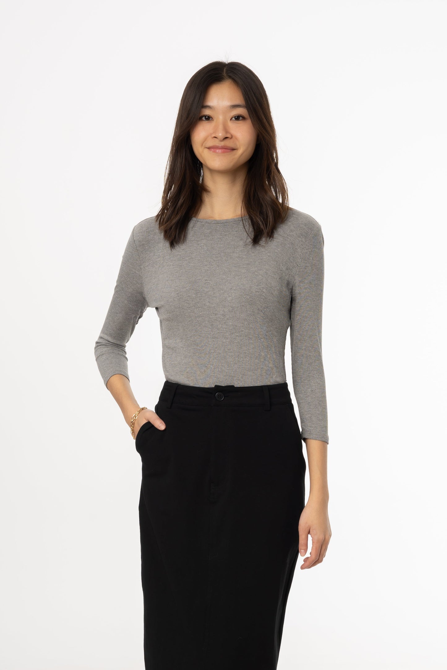 Grey Ribbed Round Neck 3/4 Sleeve T-Shirt