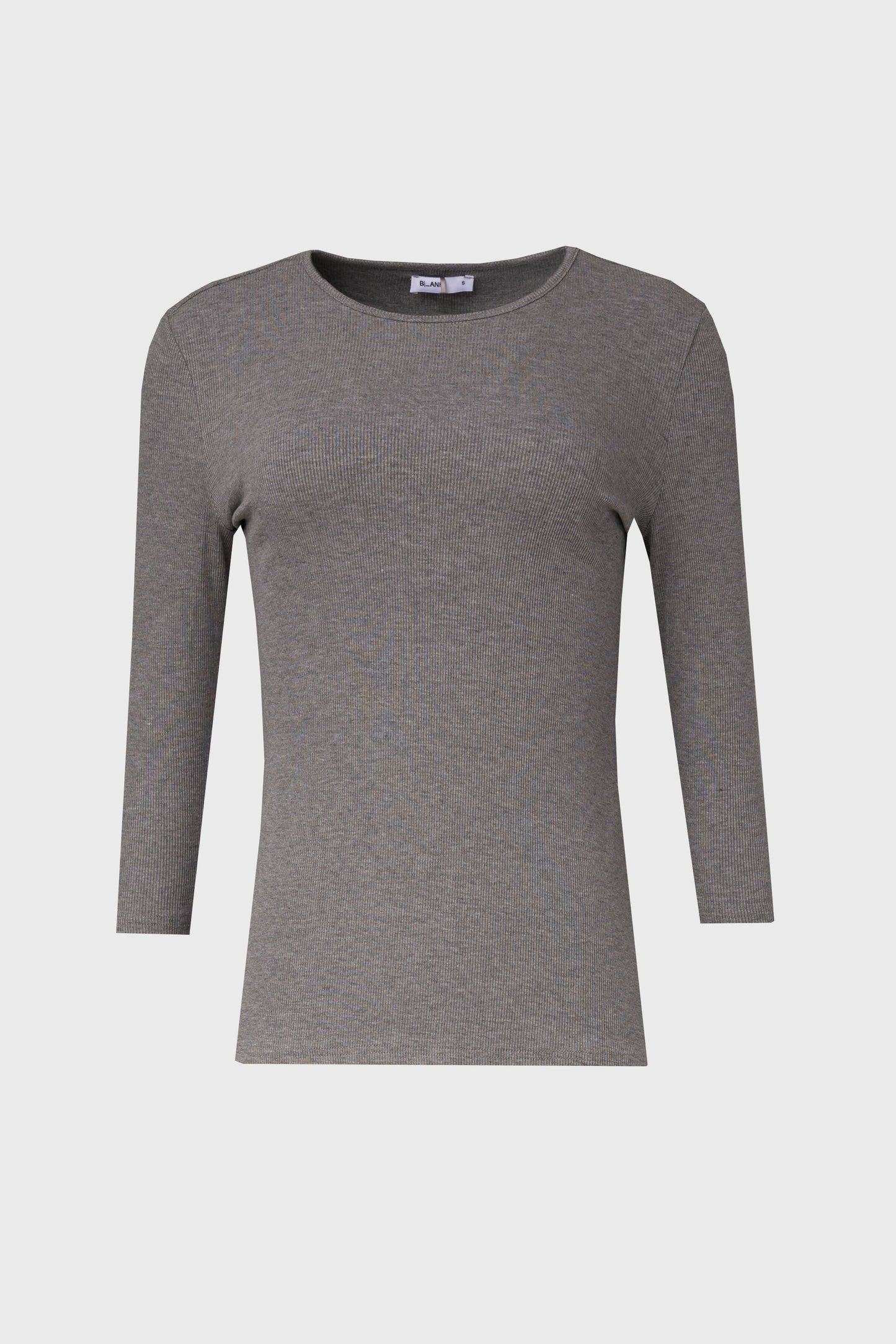 Grey Ribbed Round Neck 3/4 Sleeve T-Shirt