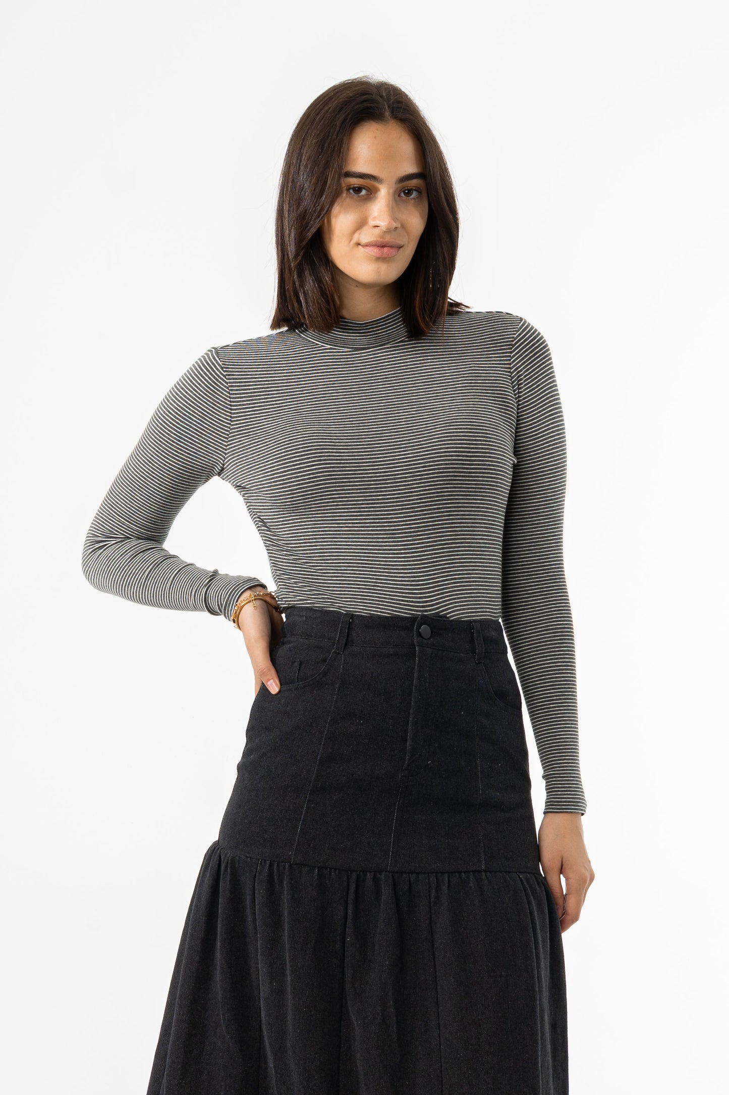 Grey Striped Mock Neck Top