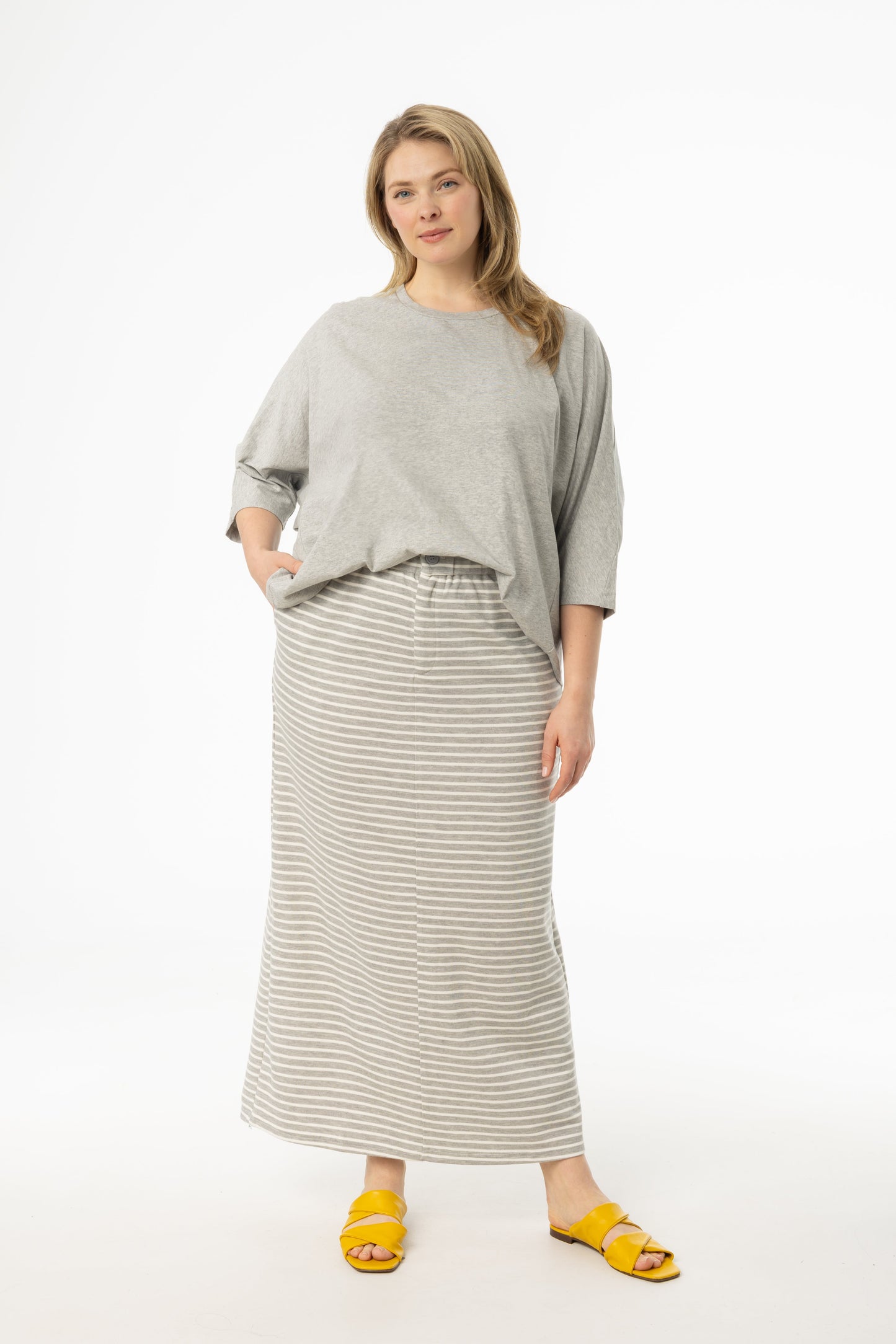 Grey Striped Stretch Maxi Skirt