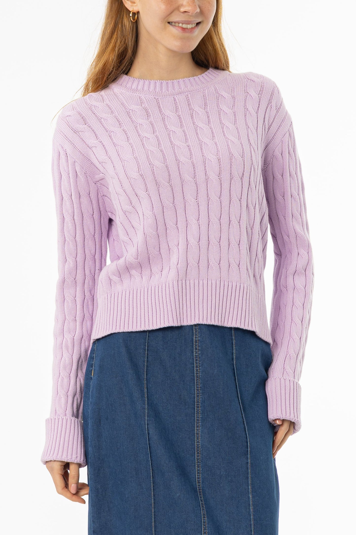 Lavender Round Neck Cable Knit Sweater