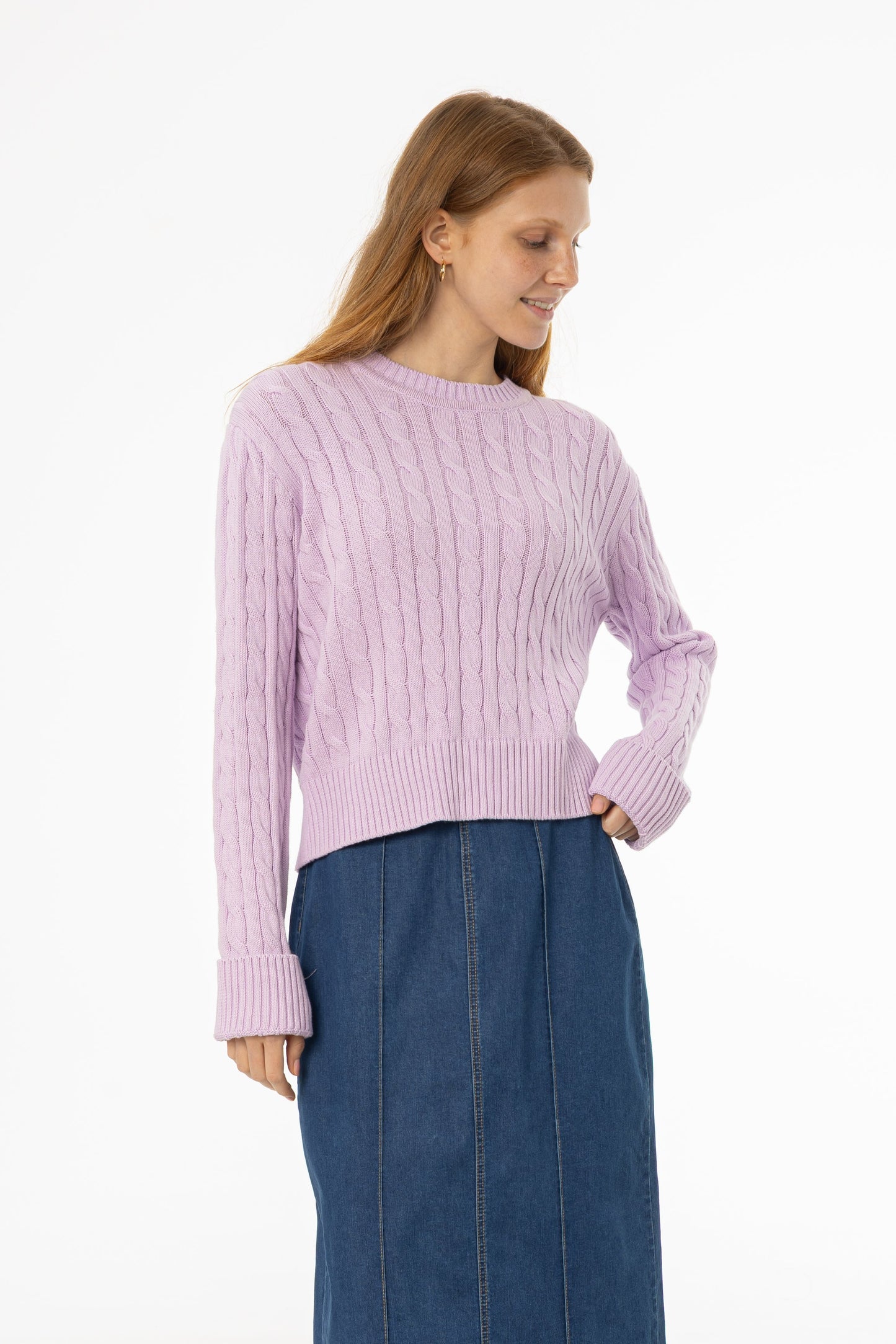 Lavender Round Neck Cable Knit Sweater