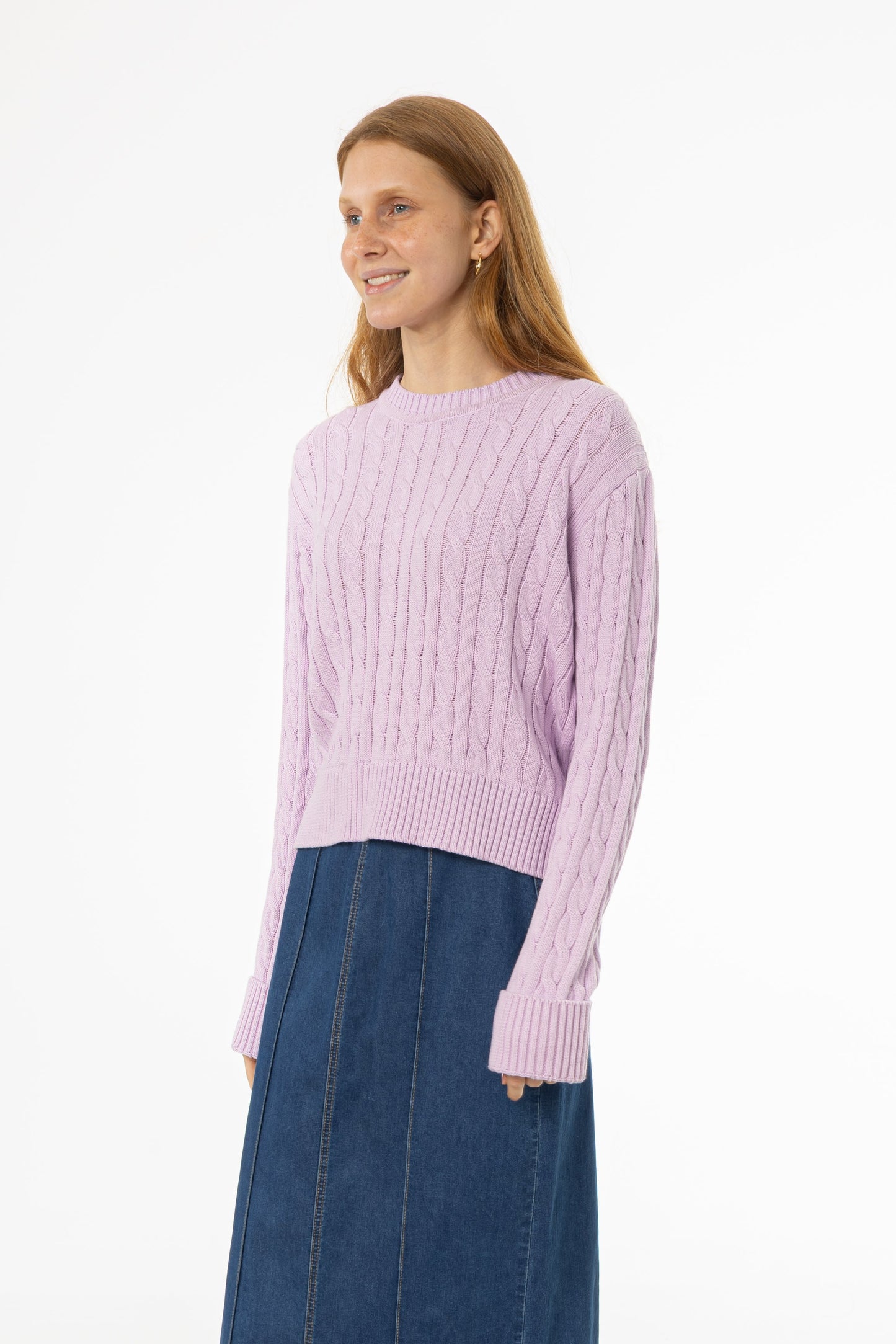 Lavender Round Neck Cable Knit Sweater