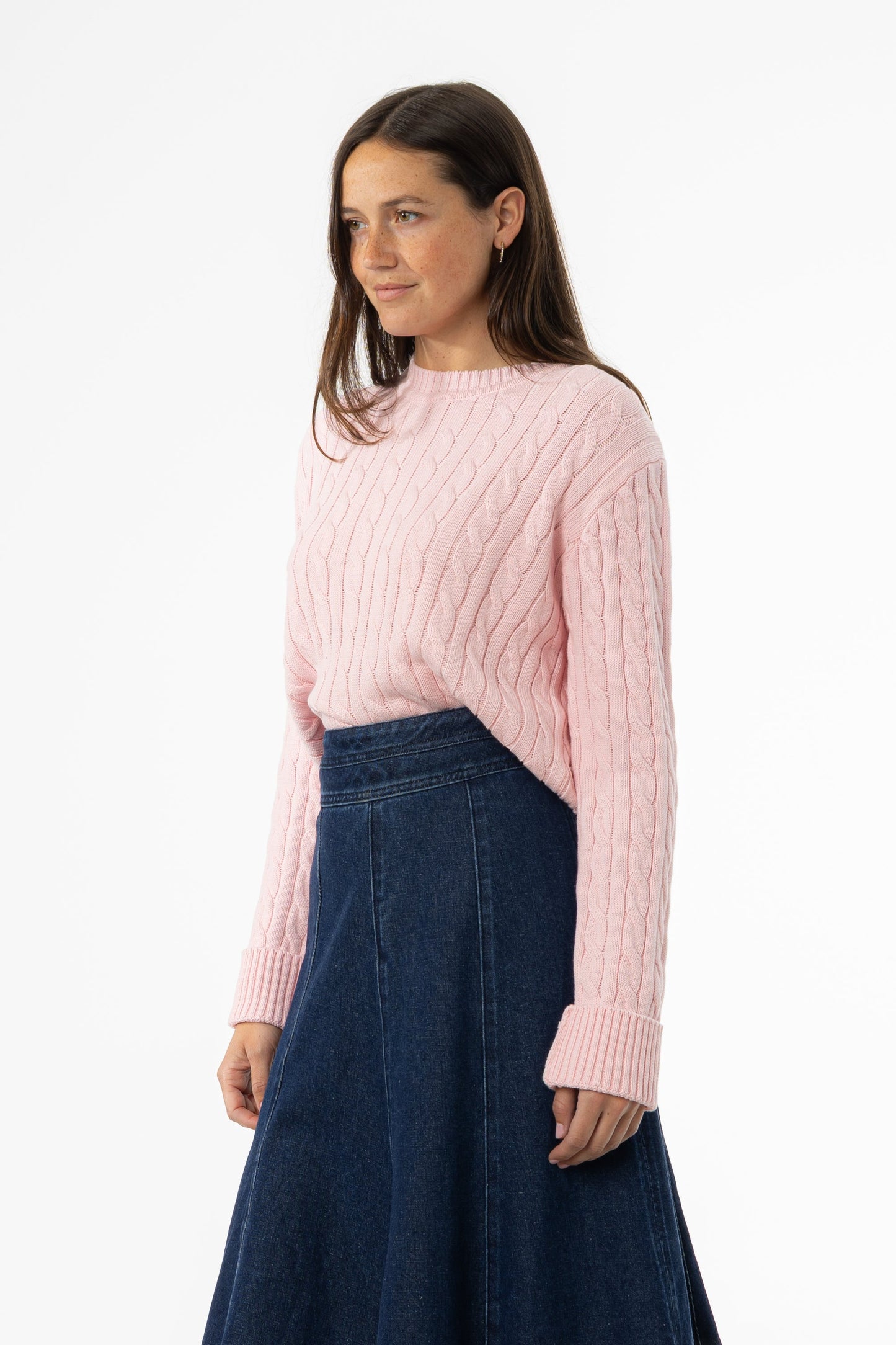 Light Pink Round Neck Cable Knit Sweater