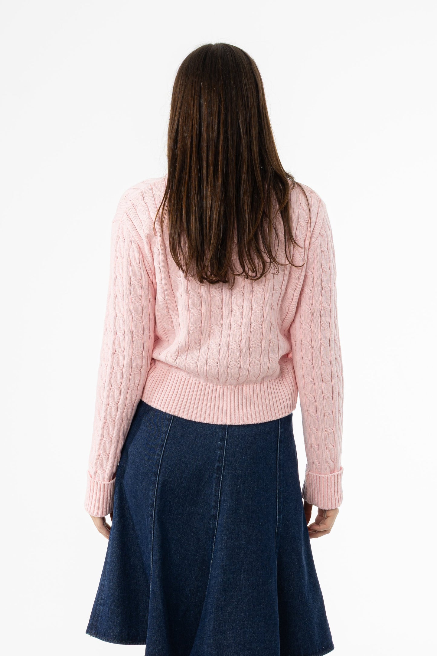 Light Pink Round Neck Cable Knit Sweater