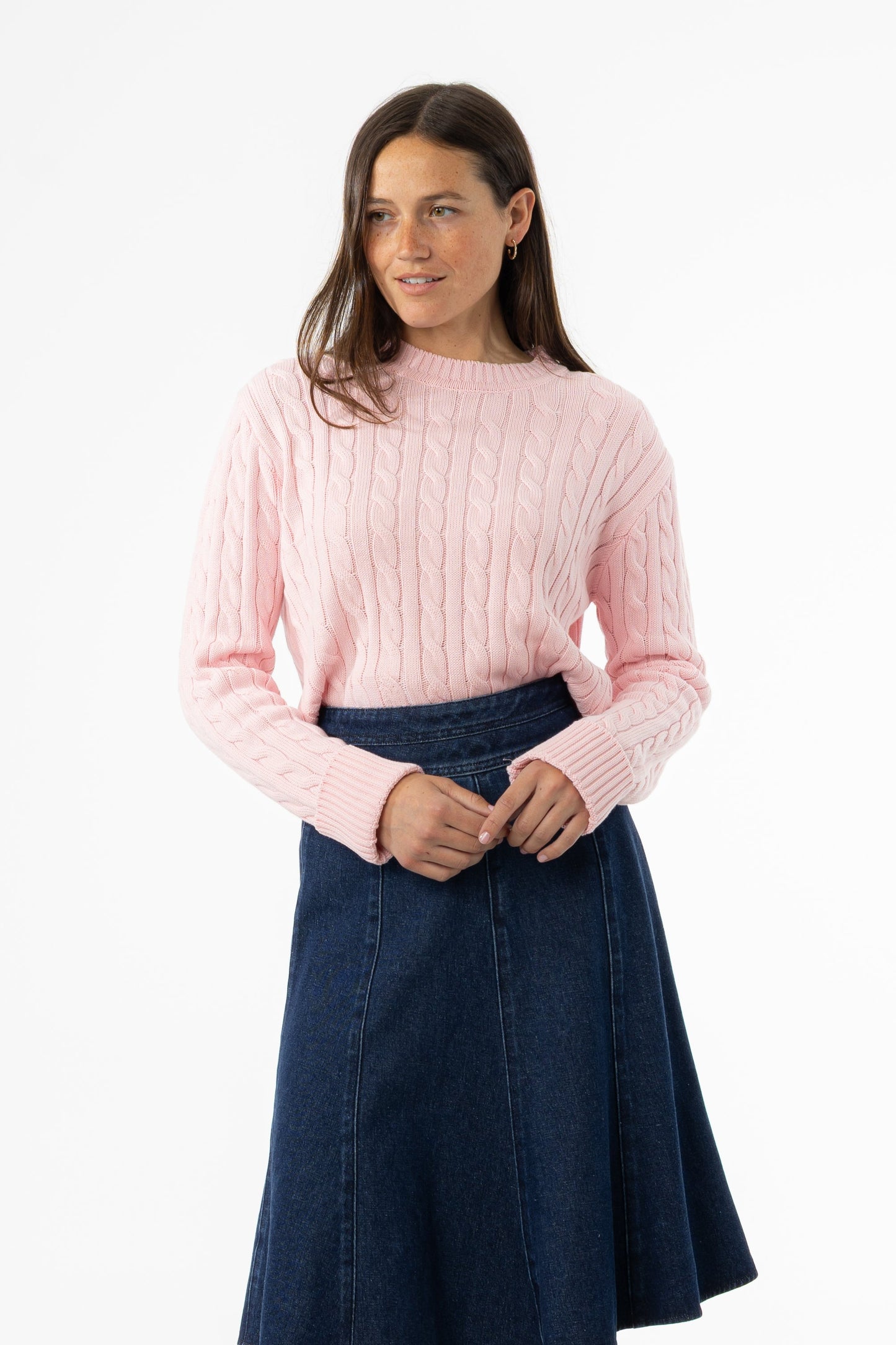 Light Pink Round Neck Cable Knit Sweater