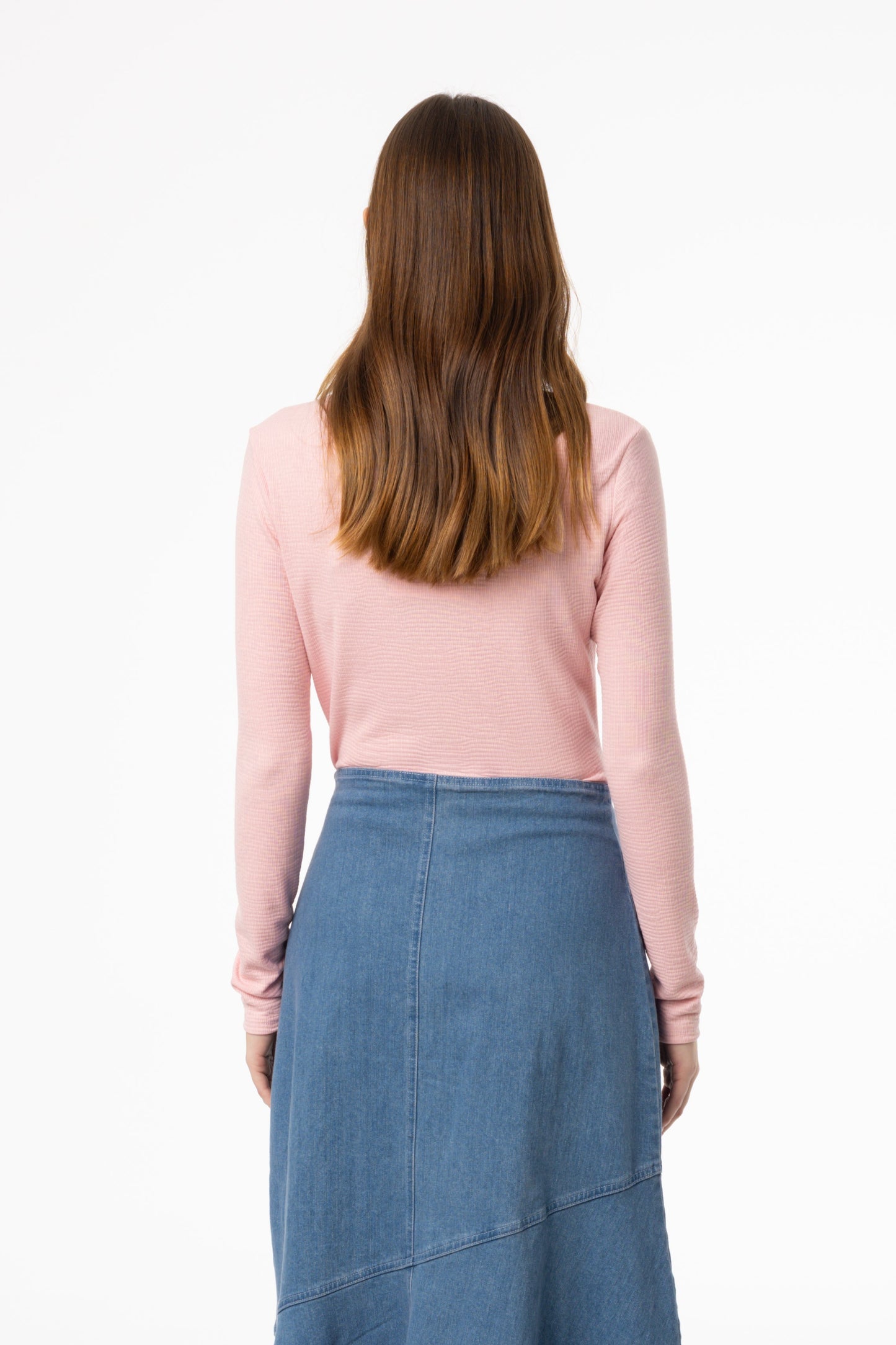 Light Pink Waved Round Neck Long Sleeve T Shirt