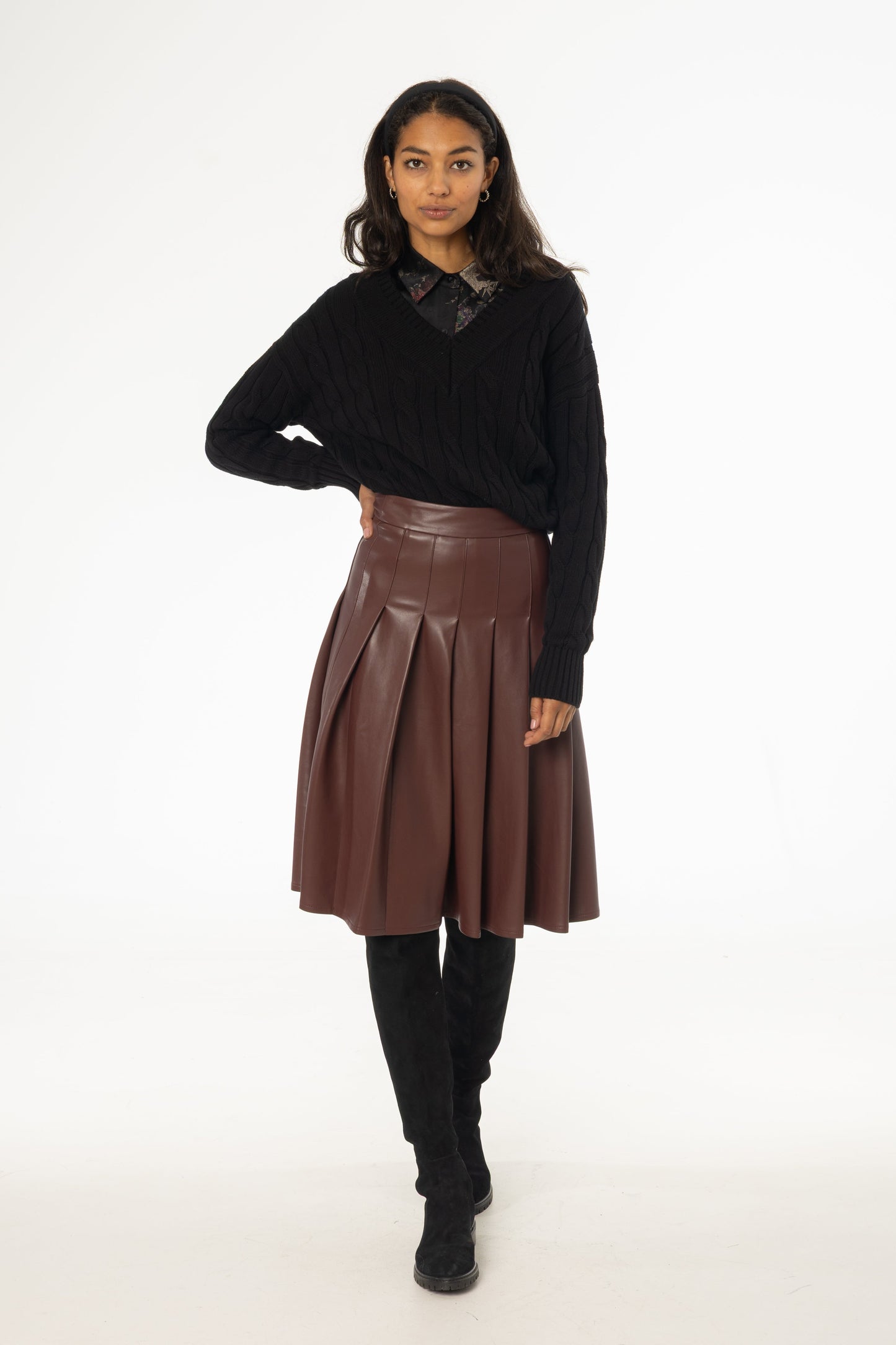Burgundy Pleated Vegan Leather Skirt