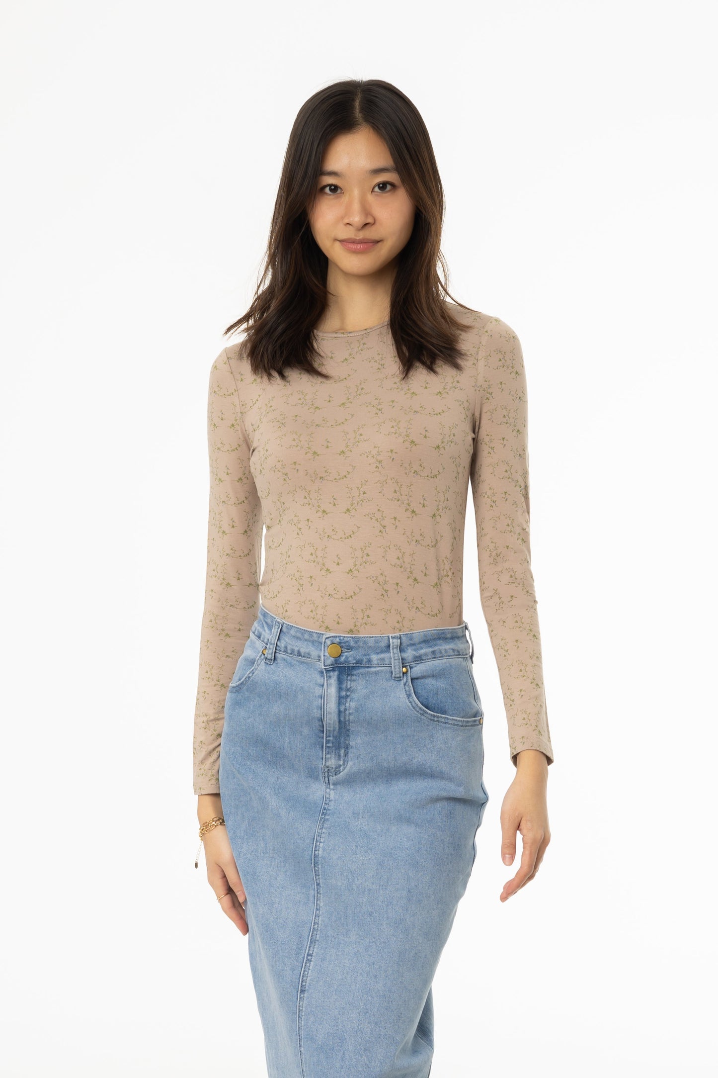 Mocha Floral Printed Round Neck Tee