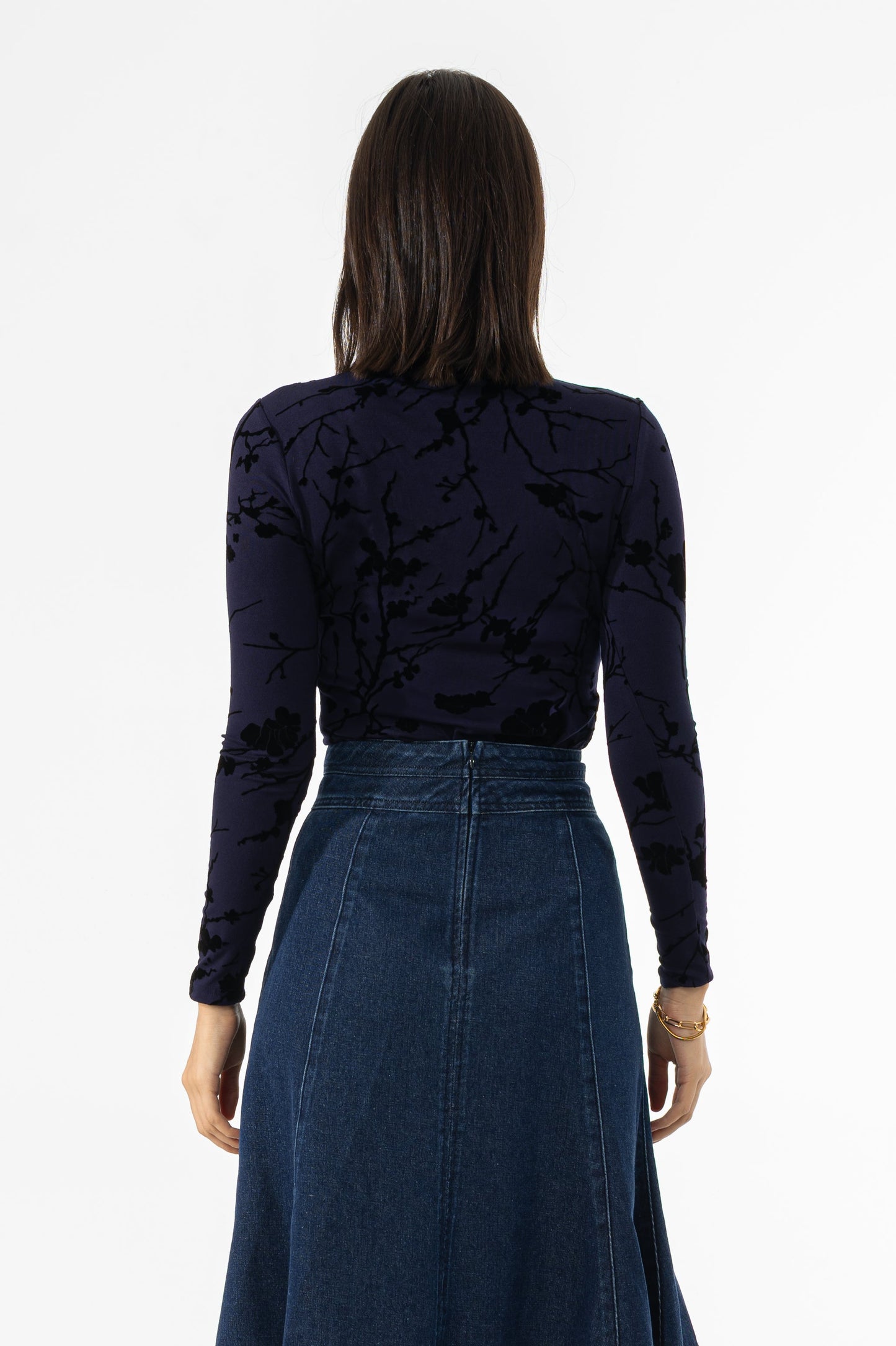 Navy Velvet Detail Mock Neck Top