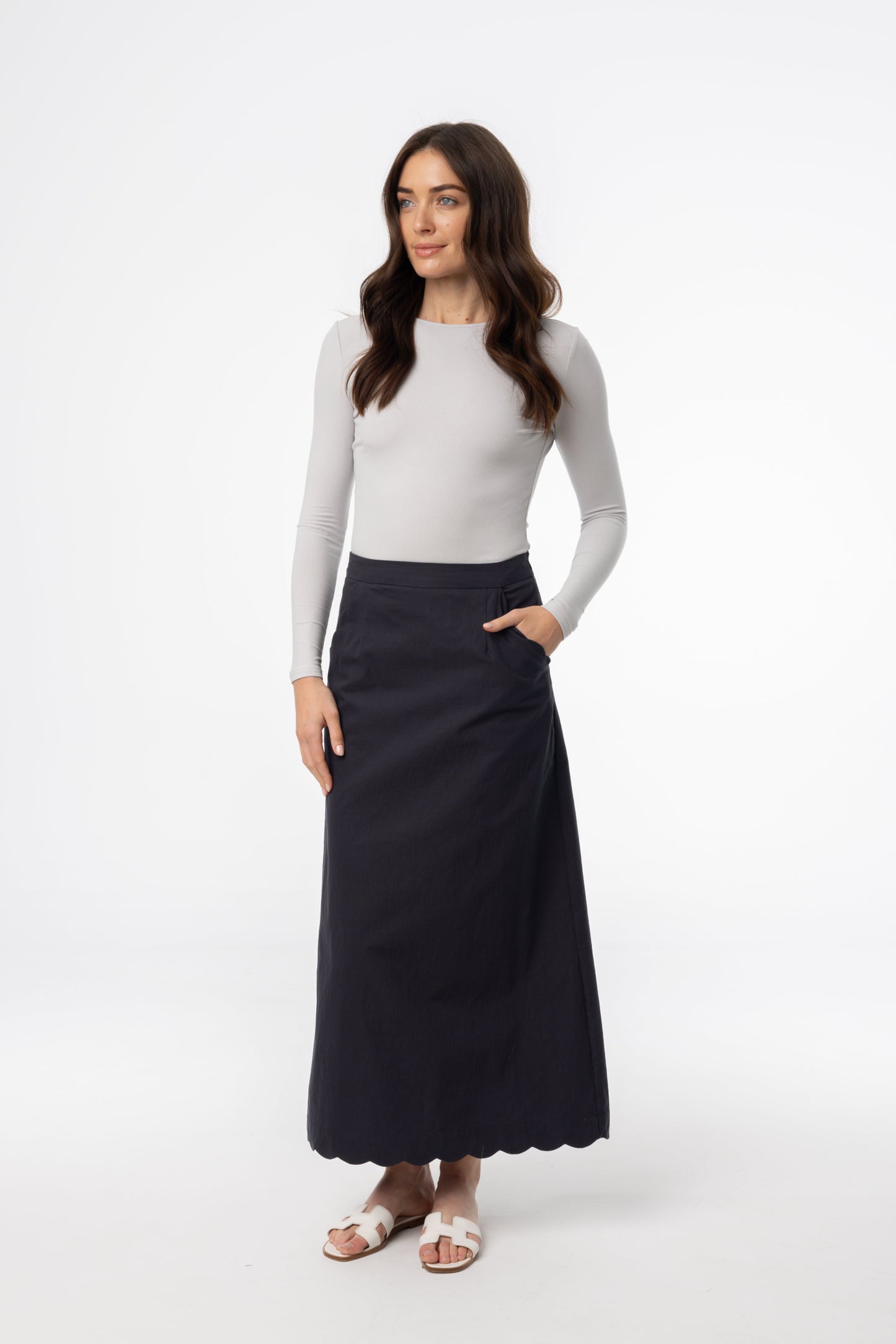 Navy Scalloped Maxi Skirt