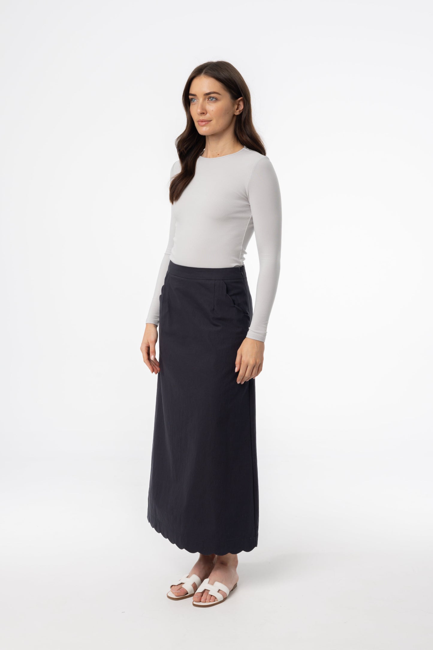 Navy Scalloped Maxi Skirt