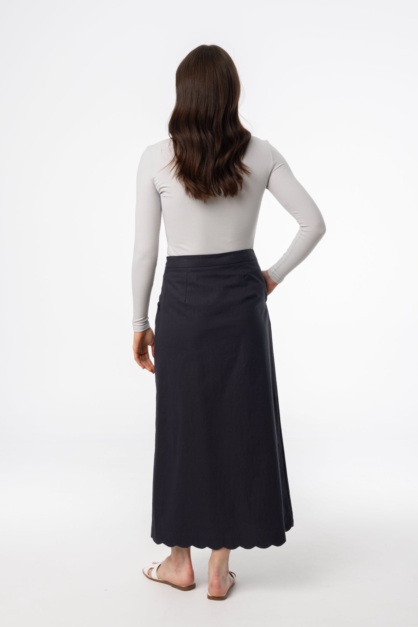 Navy Scalloped Maxi Skirt