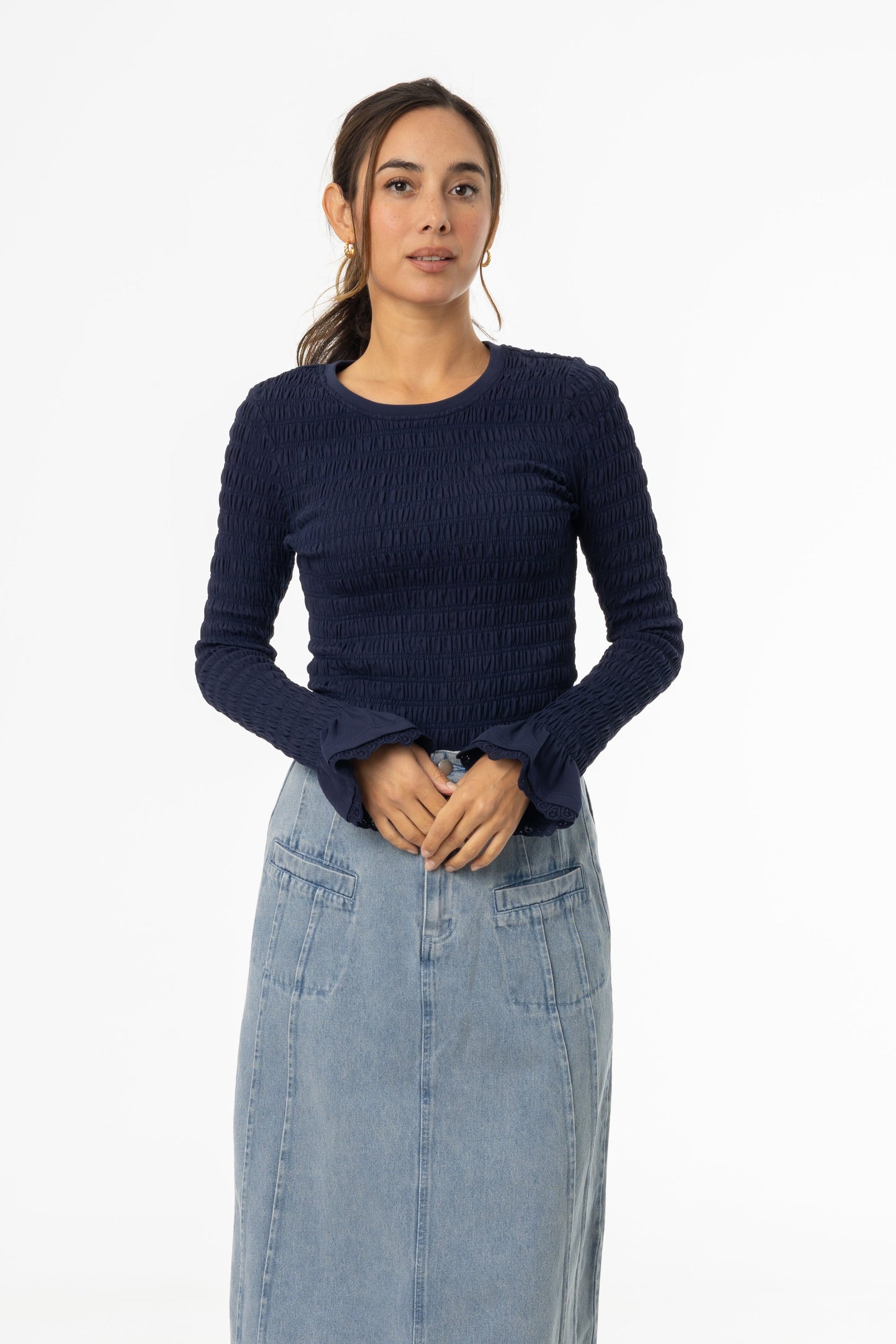 Navy Smocked Ruffle Sleeve T-Shirt