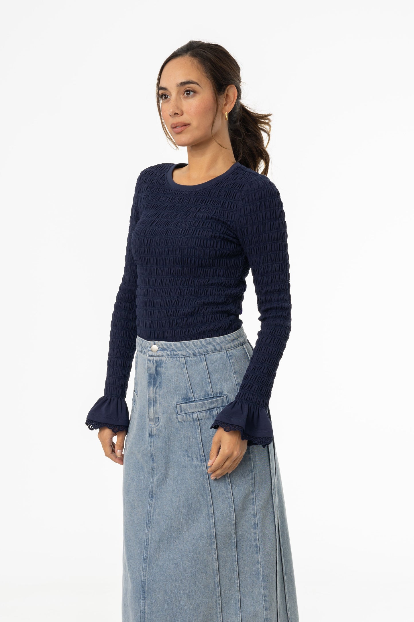 Navy Smocked Ruffle Sleeve T-Shirt