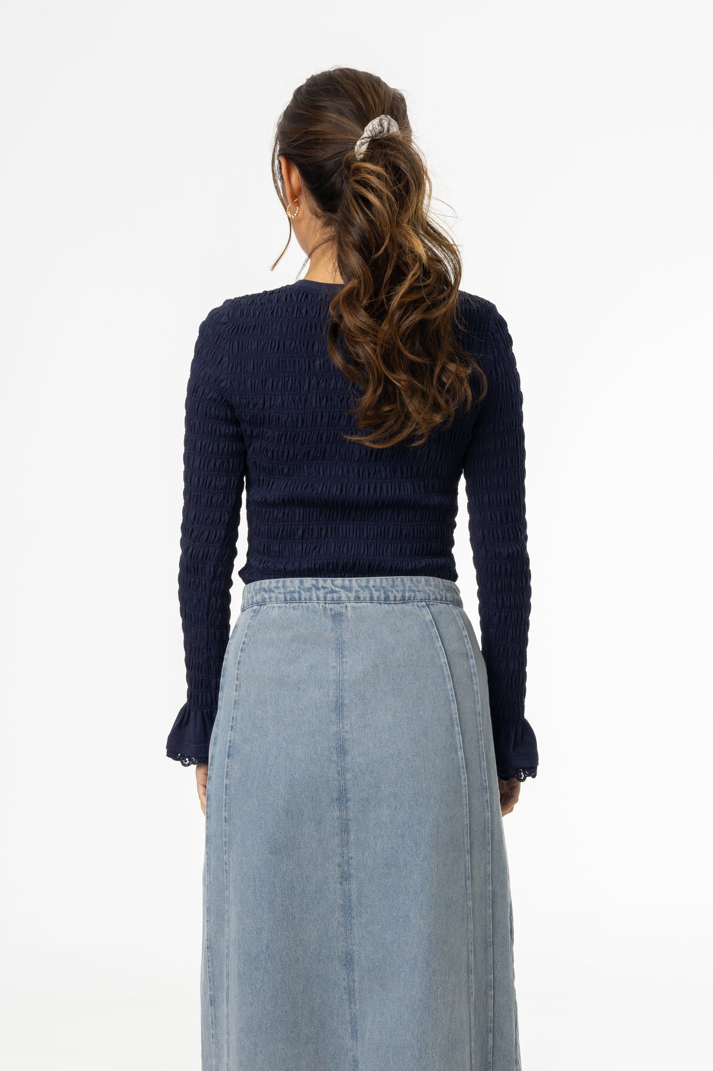 Navy Smocked Ruffle Sleeve T-Shirt