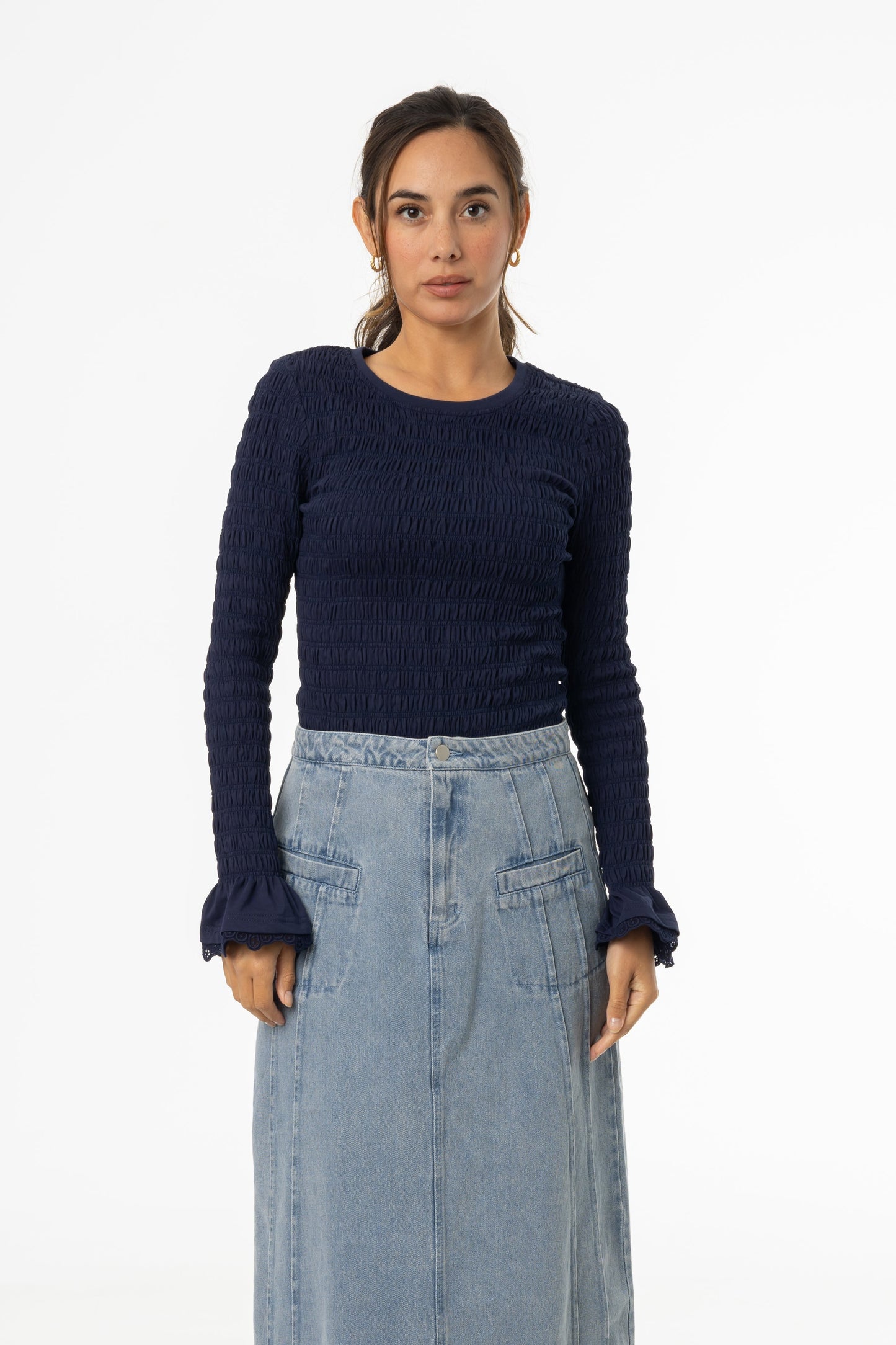 Navy Smocked Ruffle Sleeve T-Shirt