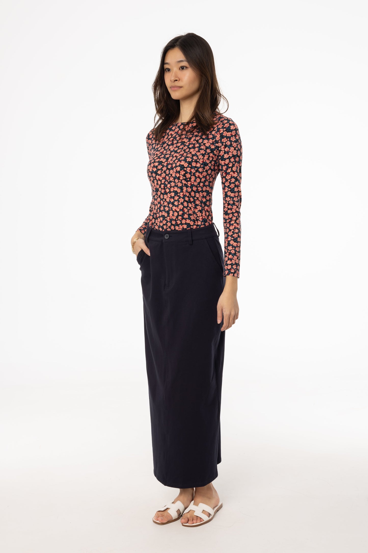 Navy Stretch Cotton Maxi Skirt