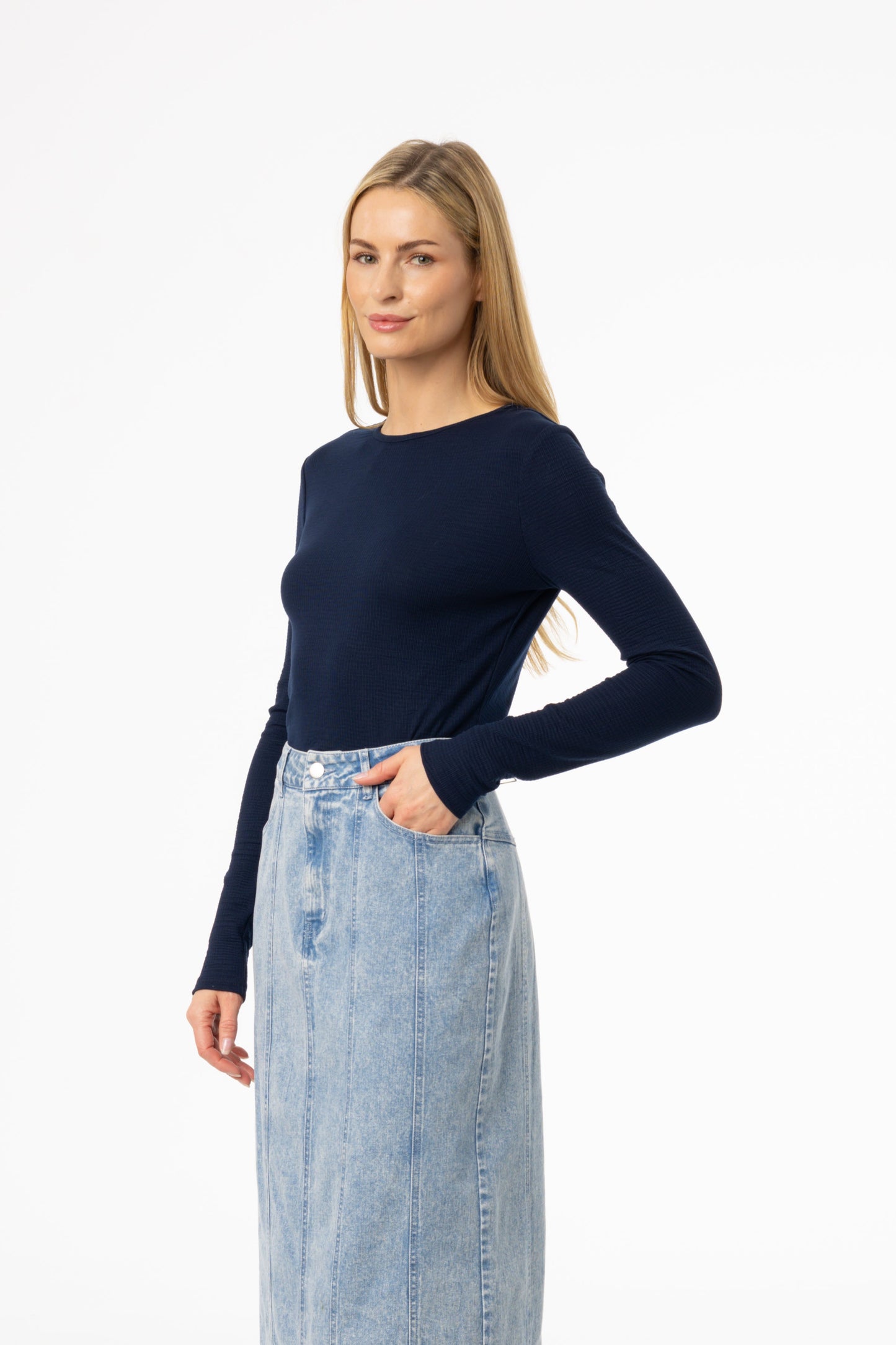 Navy Waved Round Neck Long Sleeve T Shirt