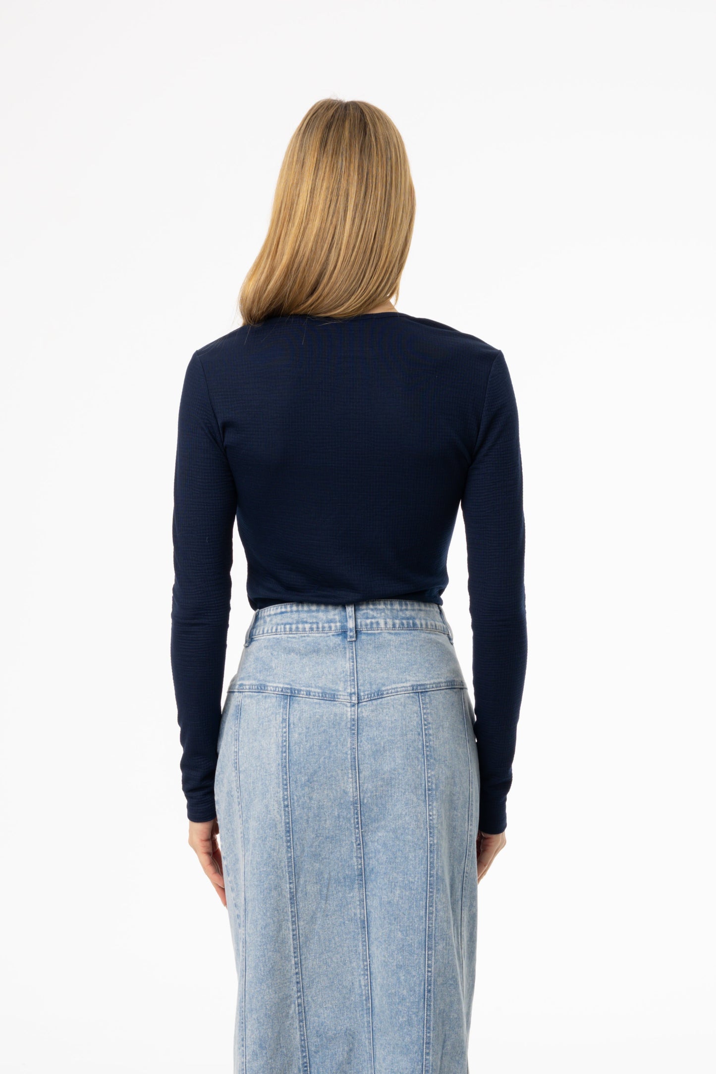 Navy Waved Round Neck Long Sleeve T Shirt