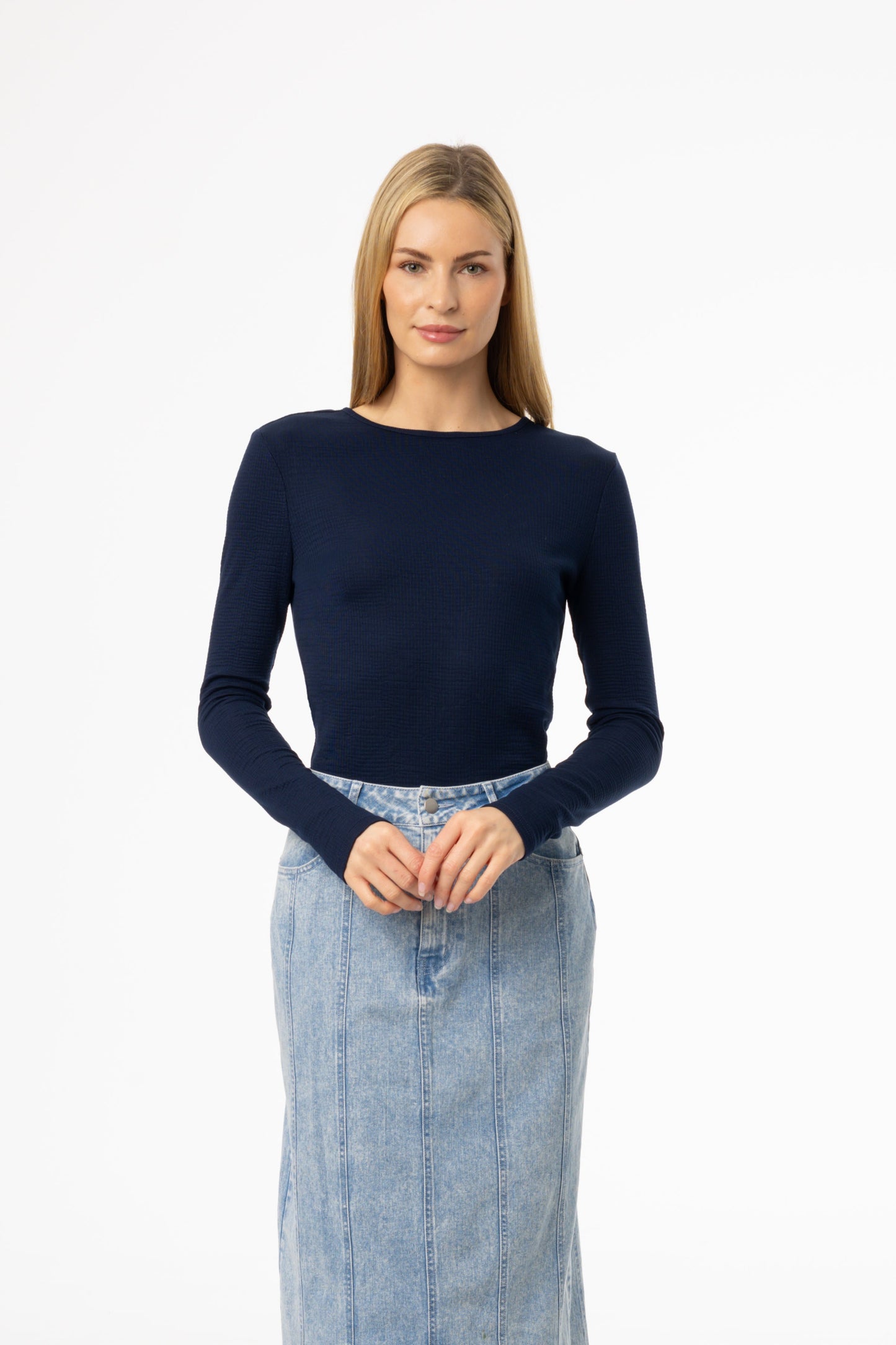 Navy Waved Round Neck Long Sleeve T Shirt