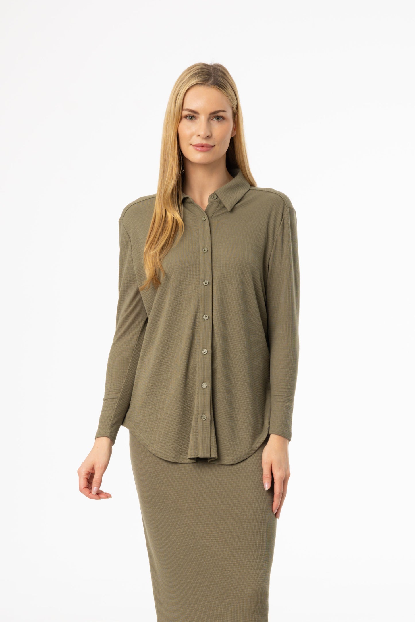 Olive Waved Button Down Shirt